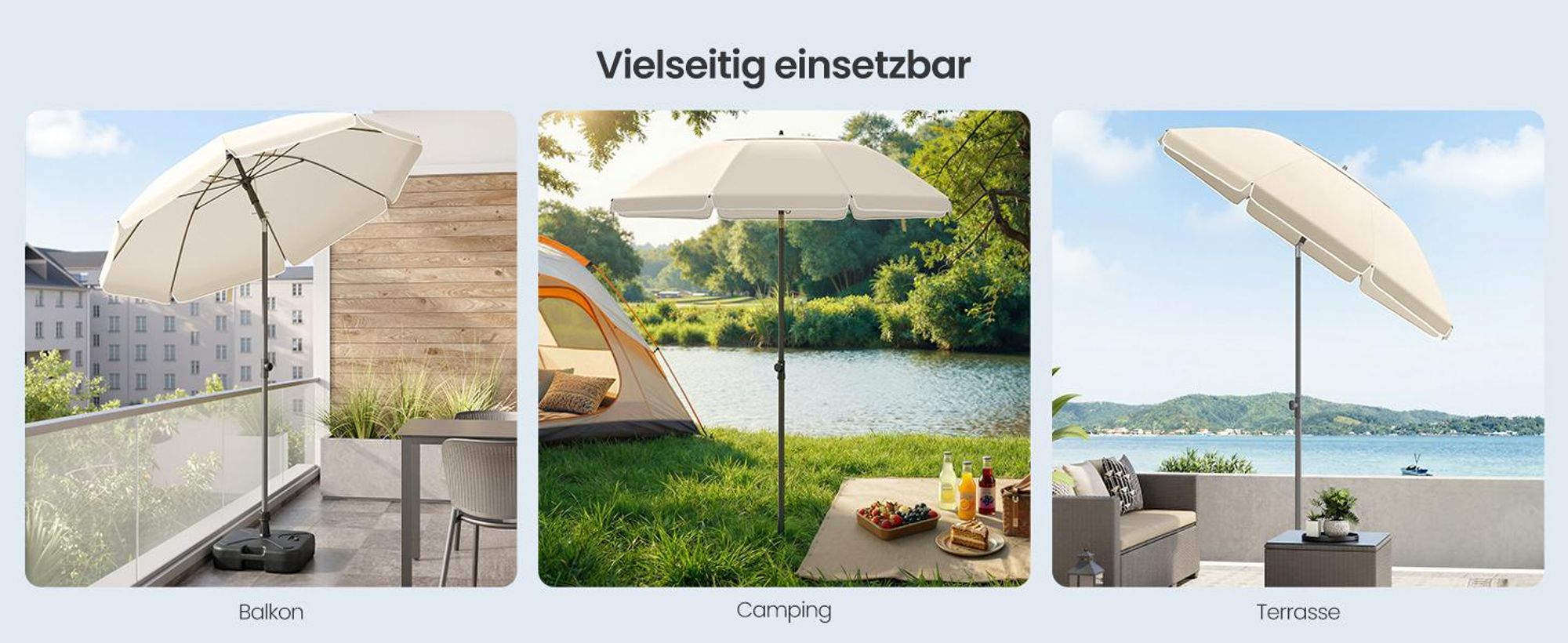 SONGMICS Strandschirm höhenverstellbar, UV-Schutz UPF 50+, Sonnenschirm mit Tragetasche, für Garten, ohne Ständer, beige