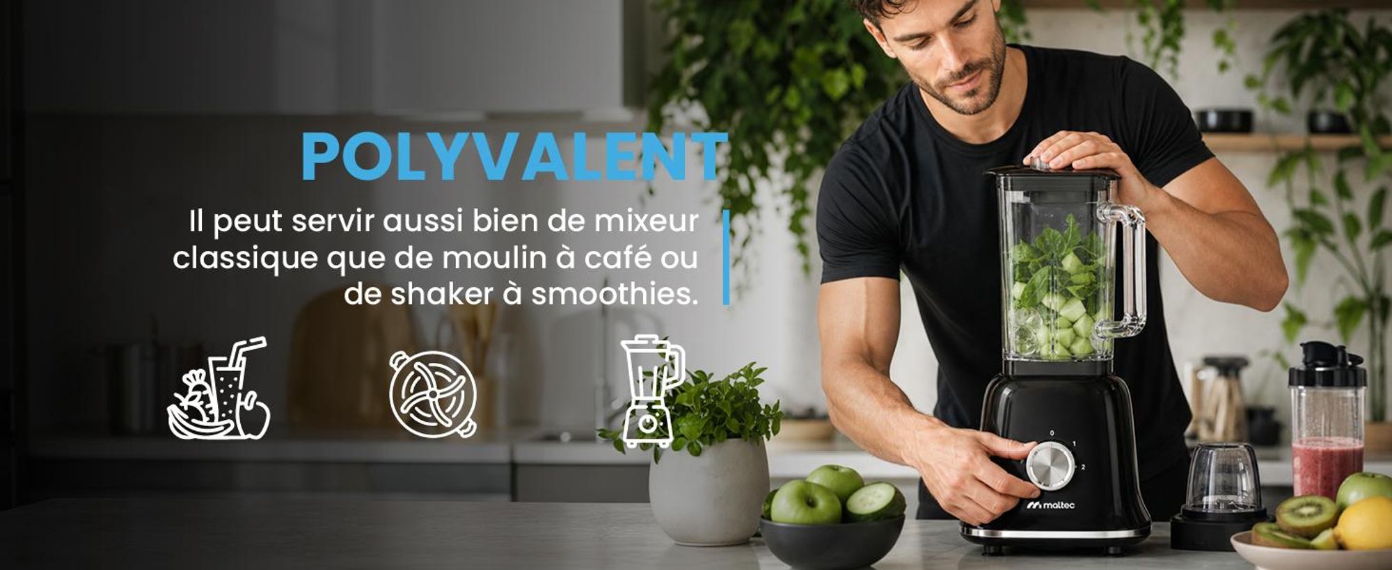 Mixeur sur socle Mixeur Smoothie Maker pour cocktails 1800 W Blender, moulin, 2 bidons 1,6 litre Noir