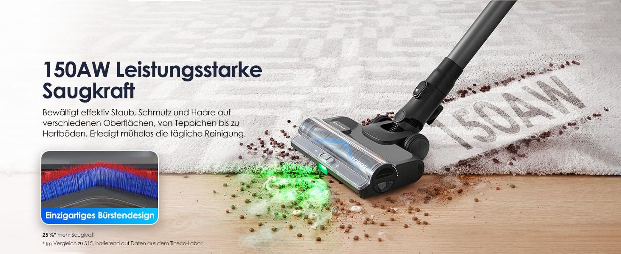 Tineco PURE ONE S50 Kabelloser Akku Staubsauger, 150AW Saugleistung, bis zu 95 Min. ZeroTangle-Bürste, LED, Entfernt Mühelos Großschmutz & Tierhaare