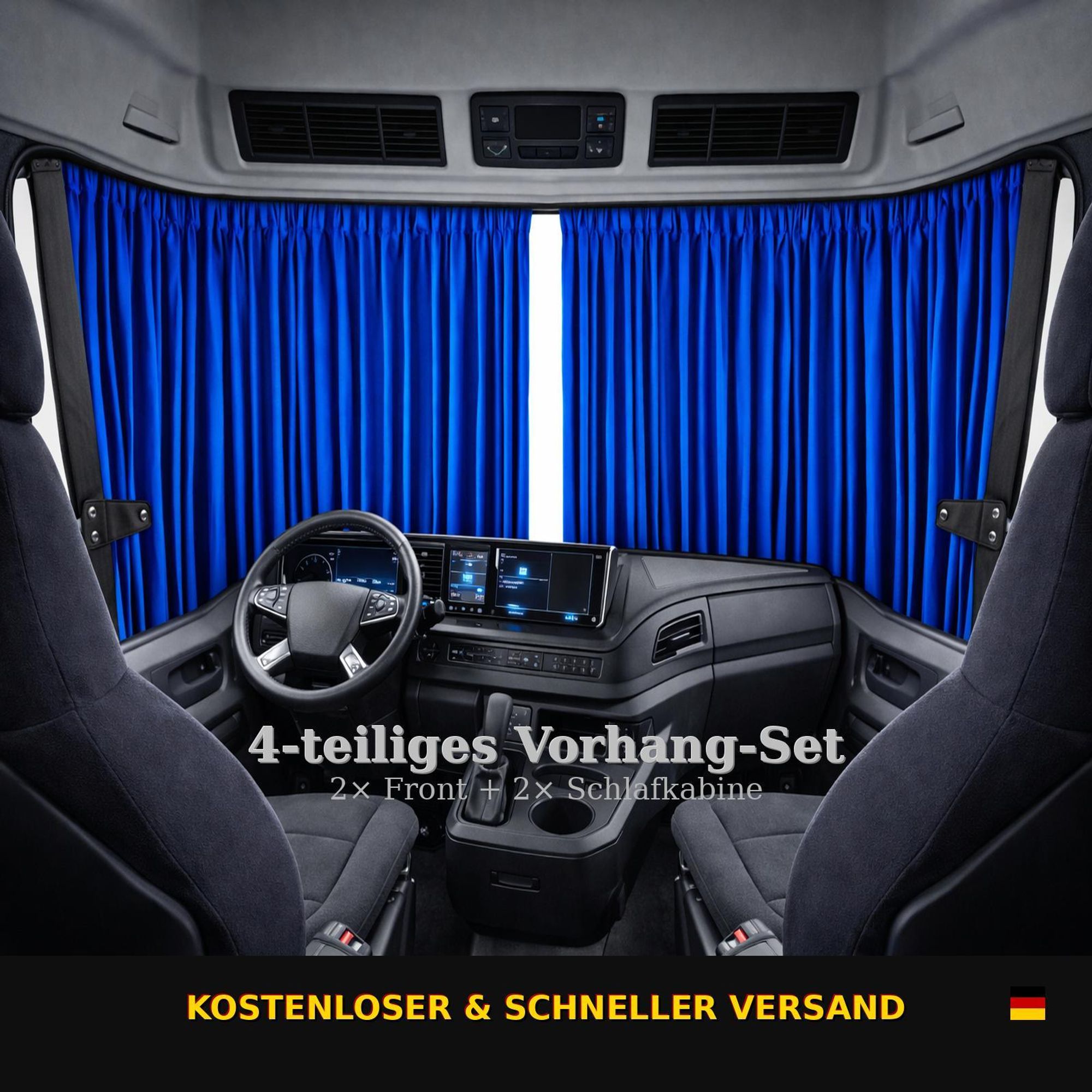 LKW Gardinen für Actros L MP4 MP5 4-tlg. Frontscheibe Schlafkabine Schwarz Blau