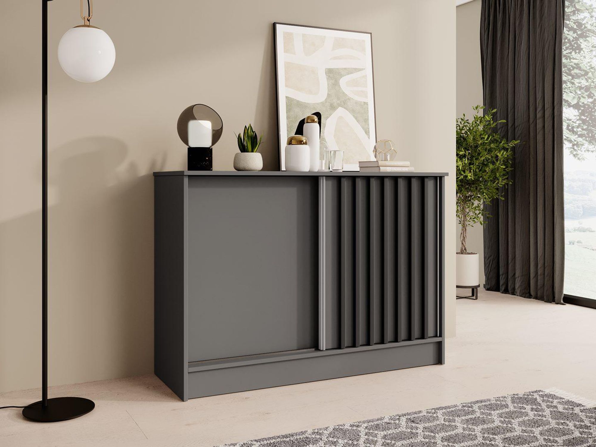 BEAUTYSOFA | Kommode HORIZON 120 cm Graphit, Schwarz mit Lamellen Sideboard mit 2 Schiebetüren, Modernes Design, viel Stauraum