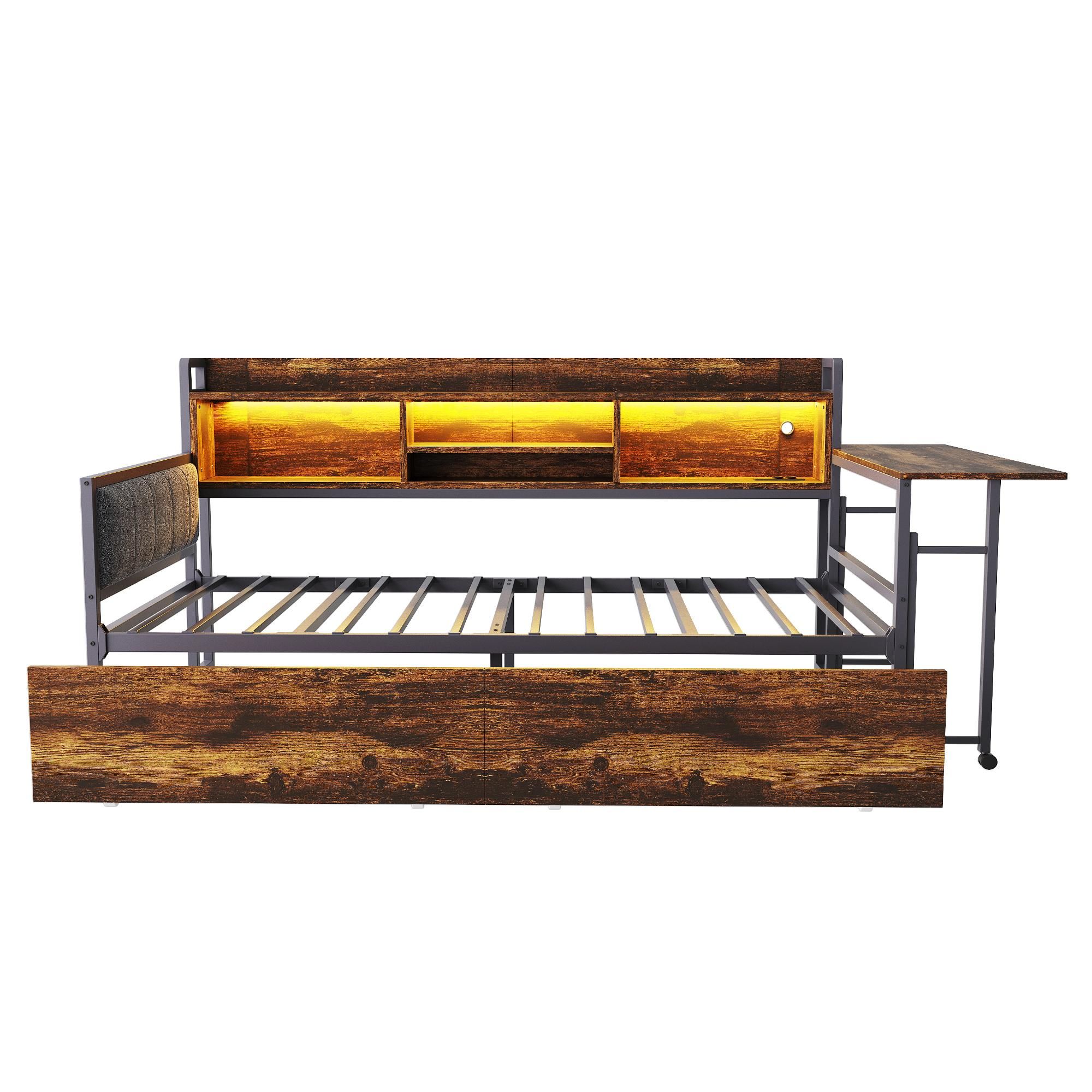 Merax Eisen Sofabett 90×200cm mit LED-Beleuchtung und Steckdose, Tagesbett mit Schubladen und ausziehbarem Schreibtisch, Stauraum & Rückenlehne, Natur