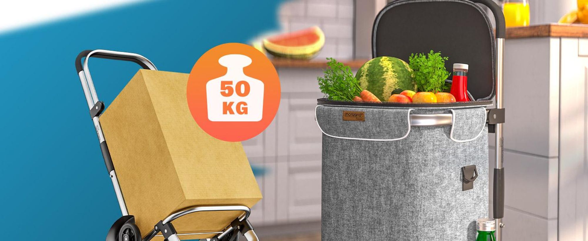 MONZANA® 3in1 Einkaufstrolley 56L bis 50 kg klappbar abnehmbare Tasche 6 Rollen Tragegurt Treppensteiger Einkaufswagen Einkaufshilfe Trolley Grau Meliert