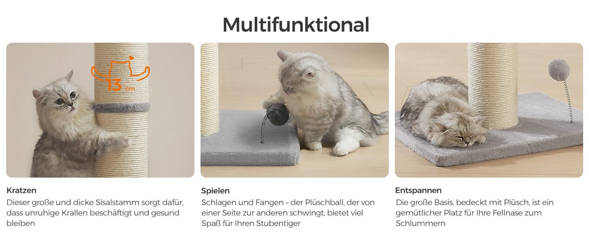 Feandrea Kratzbaum, Kratzsäule, 13 cm dicker Stamm, Kratzstamm für mittelgroße und große Katzen, mit Plüschball
