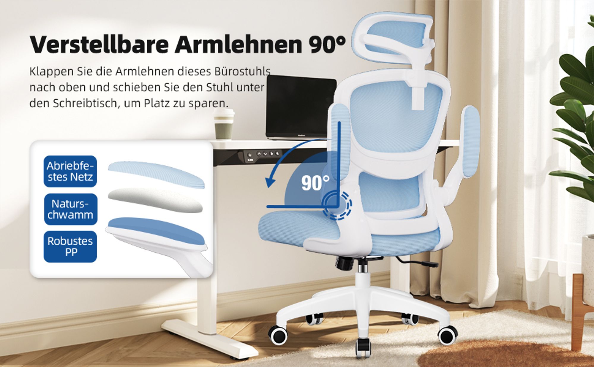Adormii Bürostuhl Ergonomisch Schreibtischstuhl Verstellbarer Kopfstütze Umklappbare Armlehnen Lordosenstütze Drehstuhl Chefsessel Wippfunktion 150kg