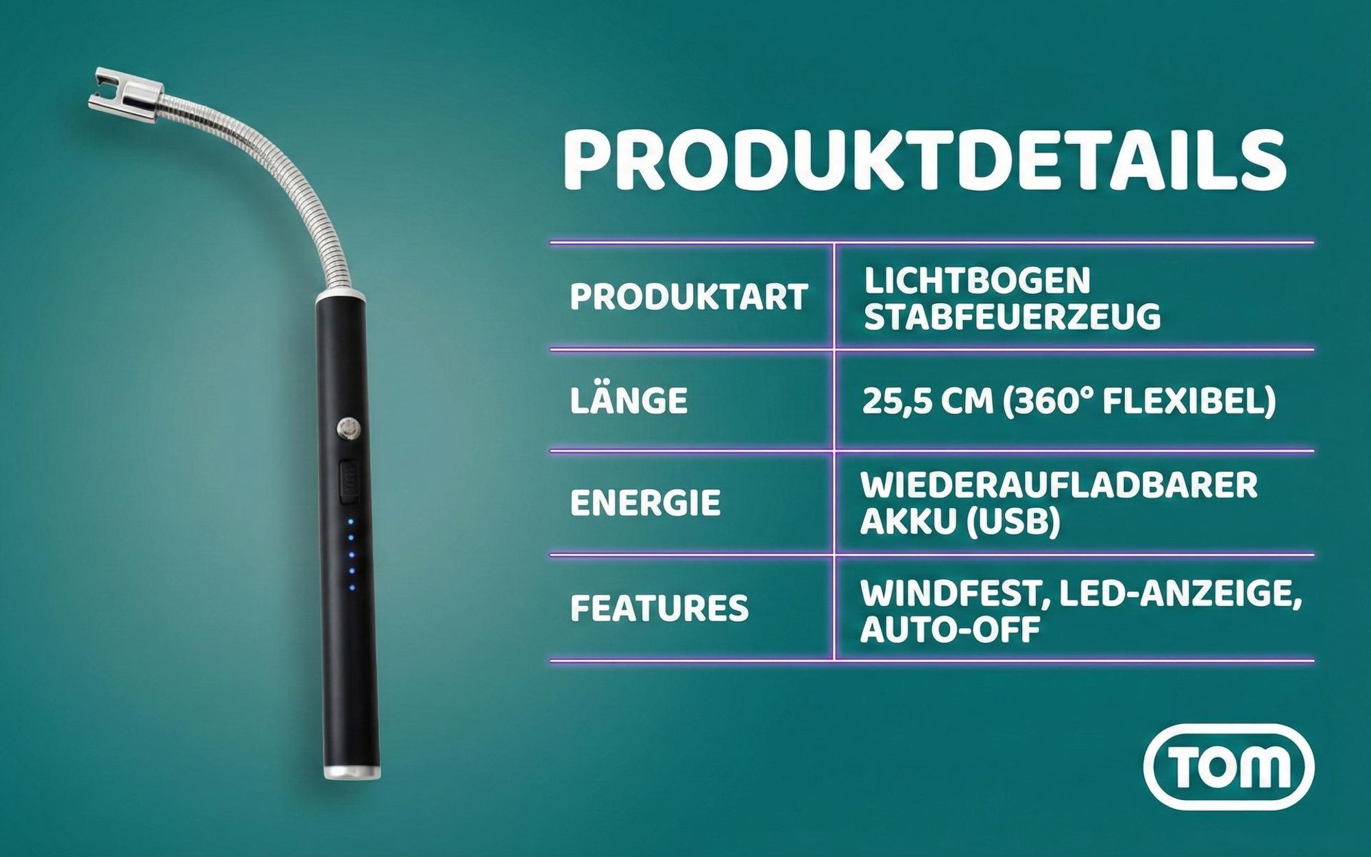 TOM Lichtbogenfeuerzeug | 25,5 cm | biegsamer Stab | mit USB Kabel | 360° biegbar