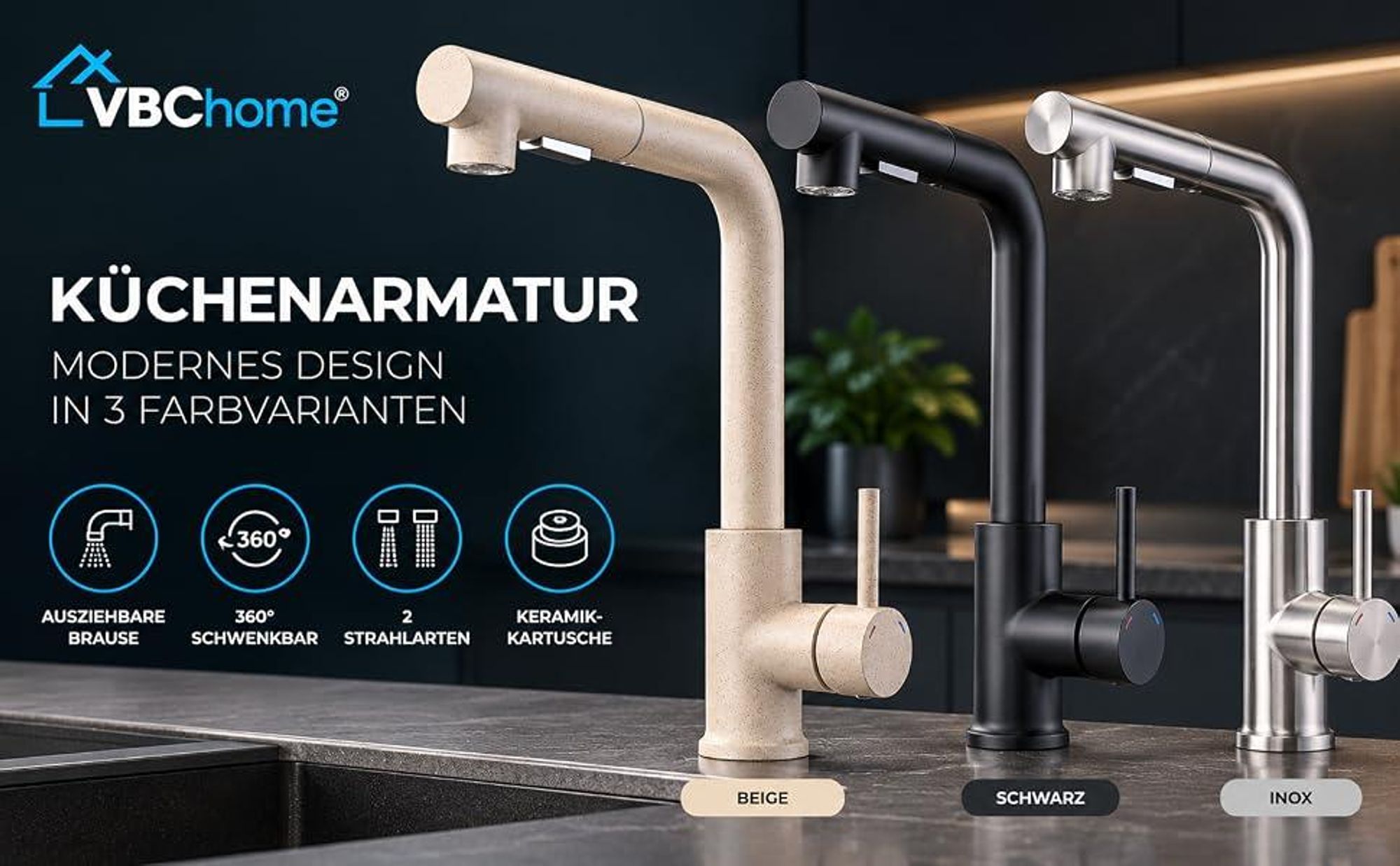 VBChome Küchenarmatur Beige mit ausziehbarer Brause 360° schwenkbar 2 Strahlarten Keramikkartusche Einhebelmischer Spültischarmatur Höhe 330 mm