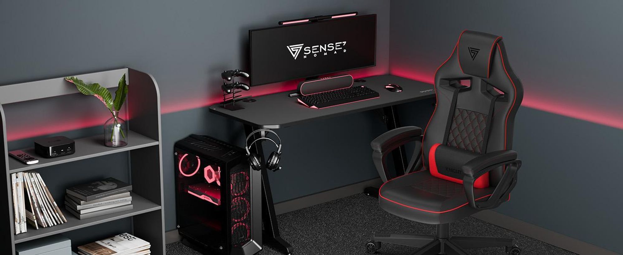 SENSE7 Knight Herní židle Umělá kůže Černá-červená - Ergonomická kancelářská židle PC Židle k psacímu stolu Herní židle Houpací funkce Gamer 120 kg