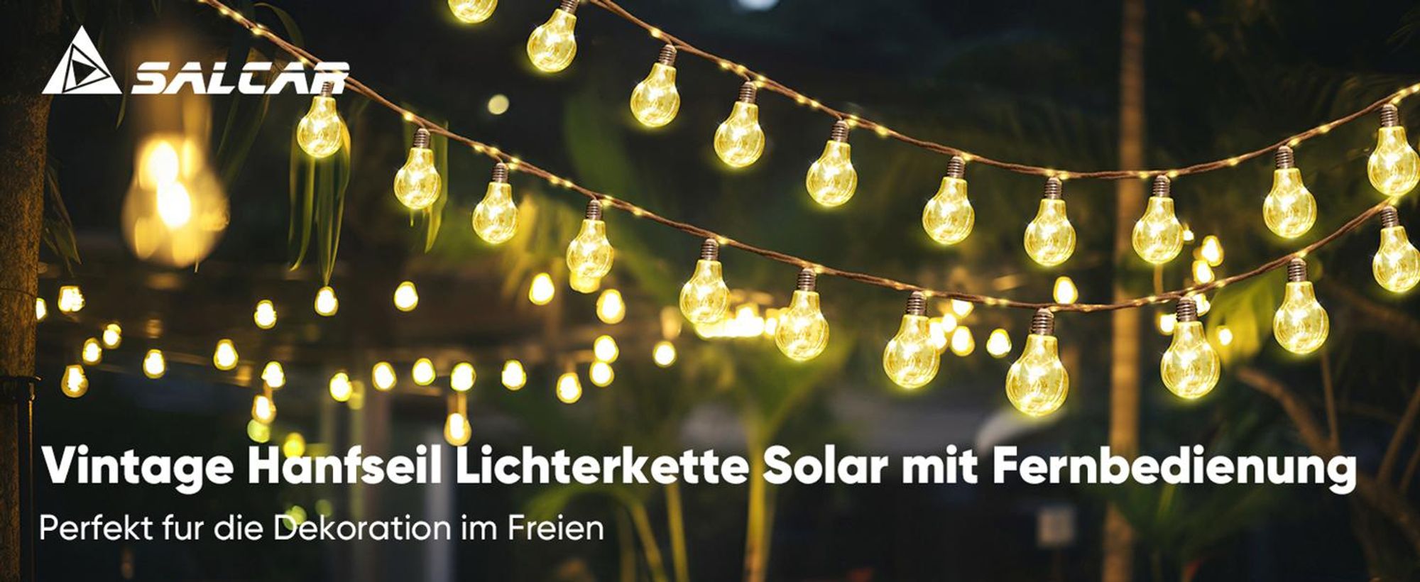 Salcar 5M LED Lichterkette Außen Solar & USB  10 Glühbirne Vintage Hanfseil Lichterkette Outdoor Hängelampen 8 Modi Wasserdicht Warmweiß