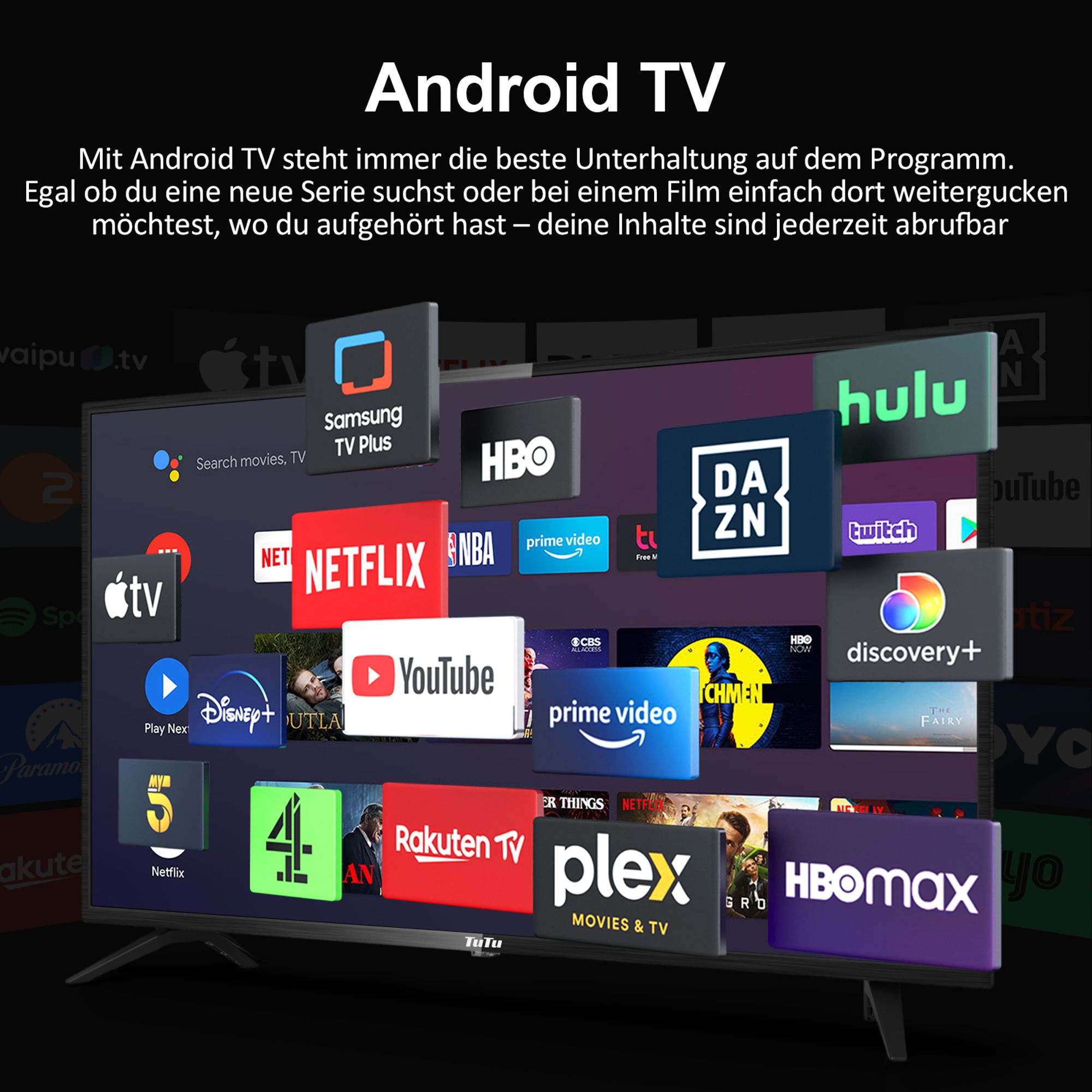 TuTu Android Smart TV - LED 4K UHD - 43 Zoll/110 cm - Randlos Design - Tripple Tuner DVB-T/T2/S/S2/C - HDMI x3, USB x2, CI+ - Sprachsteuerung & Streaming apps - Montiert in Eindhoven, Niederlande - TUS43UQ1A