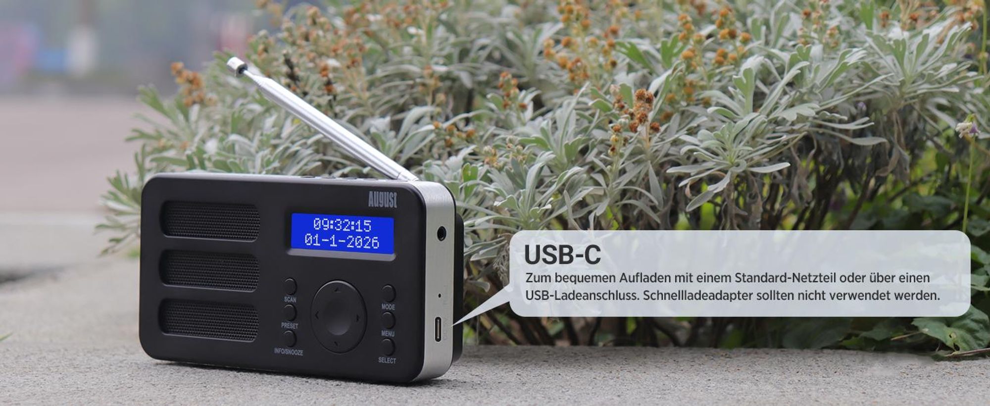 Tragbarer DAB+ FM Alarm Radiowecker Wiederaufladbar AUX 40 Presets - August MB225