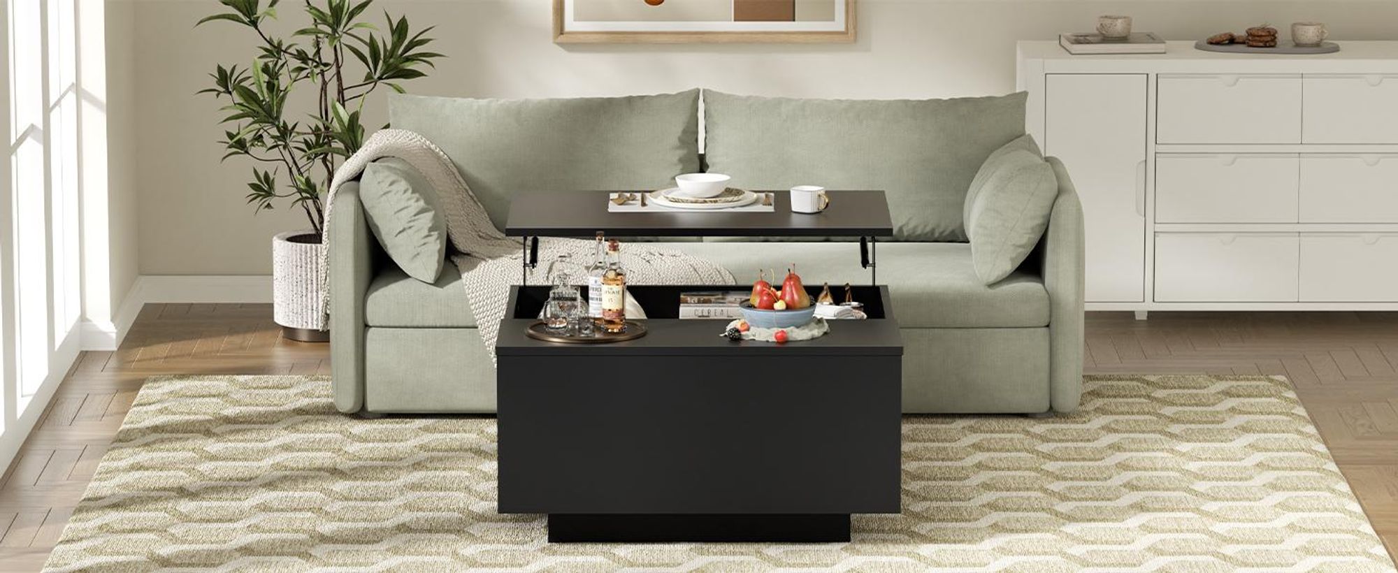 FABATO Couchtisch eckig, höhenverstellbar mit verstecktem Staufach, Landhaus-Design in Schwarz