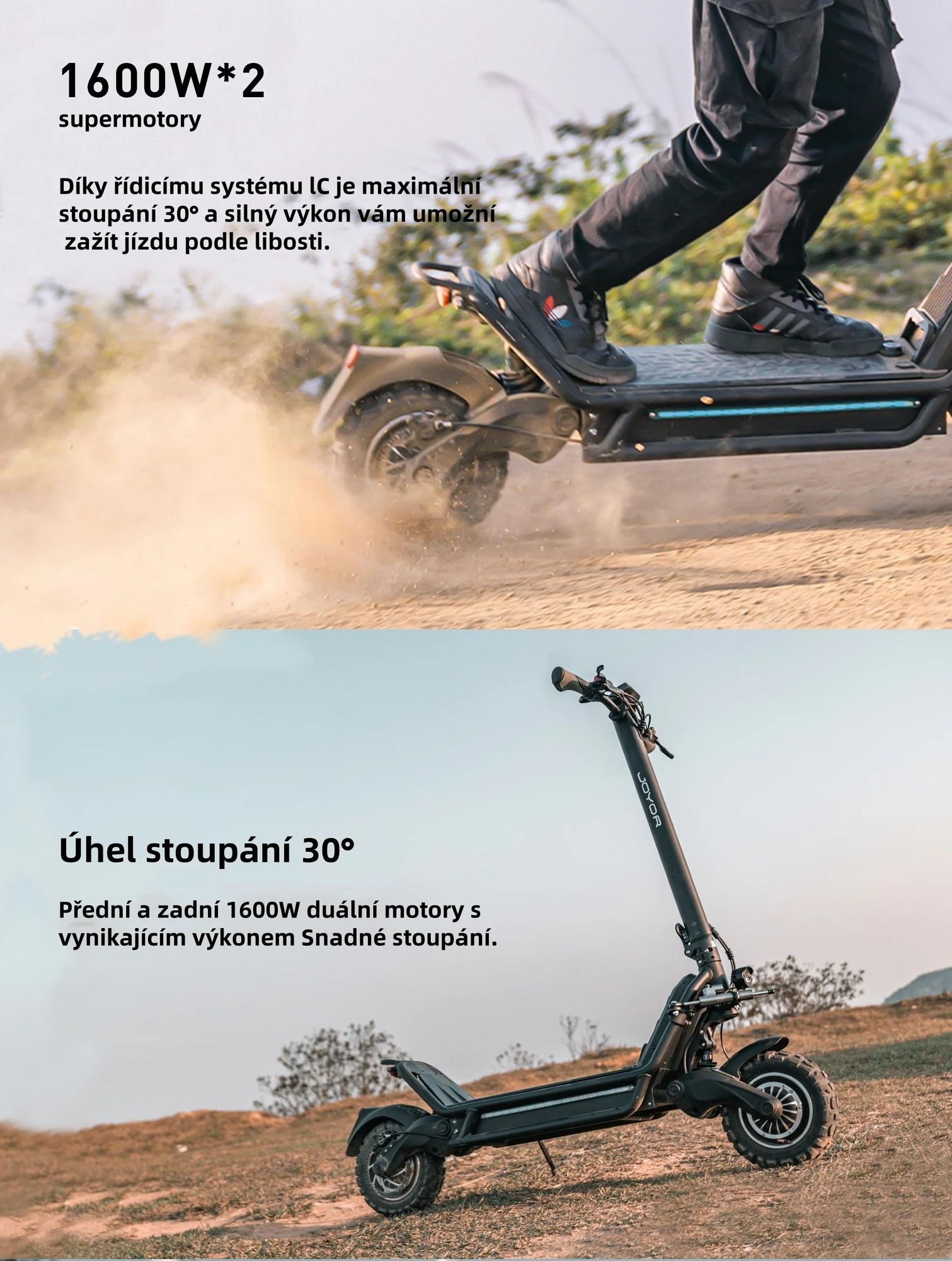 JOYOR E6-S Elektrokoloběžka - Motors 1600W*2 Baterie 60V31.5AH Dojezd 85KM Kotoučová Brzda - Černá