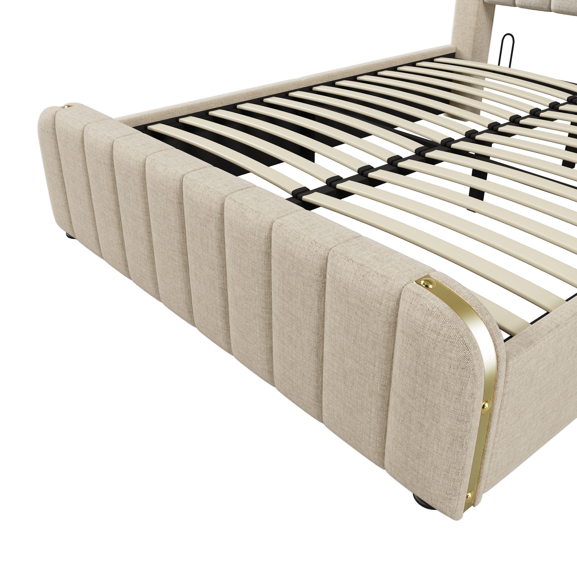 Flieks Polsterbett 160x200cm mit Ladefunktion (USB, Typ-C), Doppelbett Stauraumbett mit Lattenrost, Hydraulisches Jugendbett Boxspringbett, Leinen
