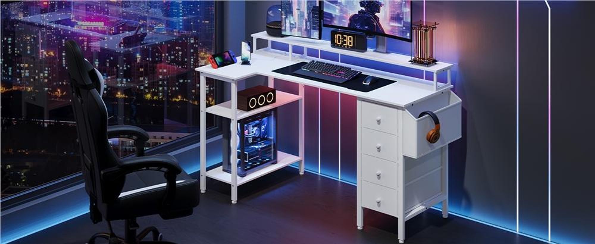 Yaheetech L-förmiger Computertisch, Schreibtisch mit Ladestation, umkehrbarer Gaming-Tisch, mit Monitorhalterung & Aufbewahrungstasche, Weiß