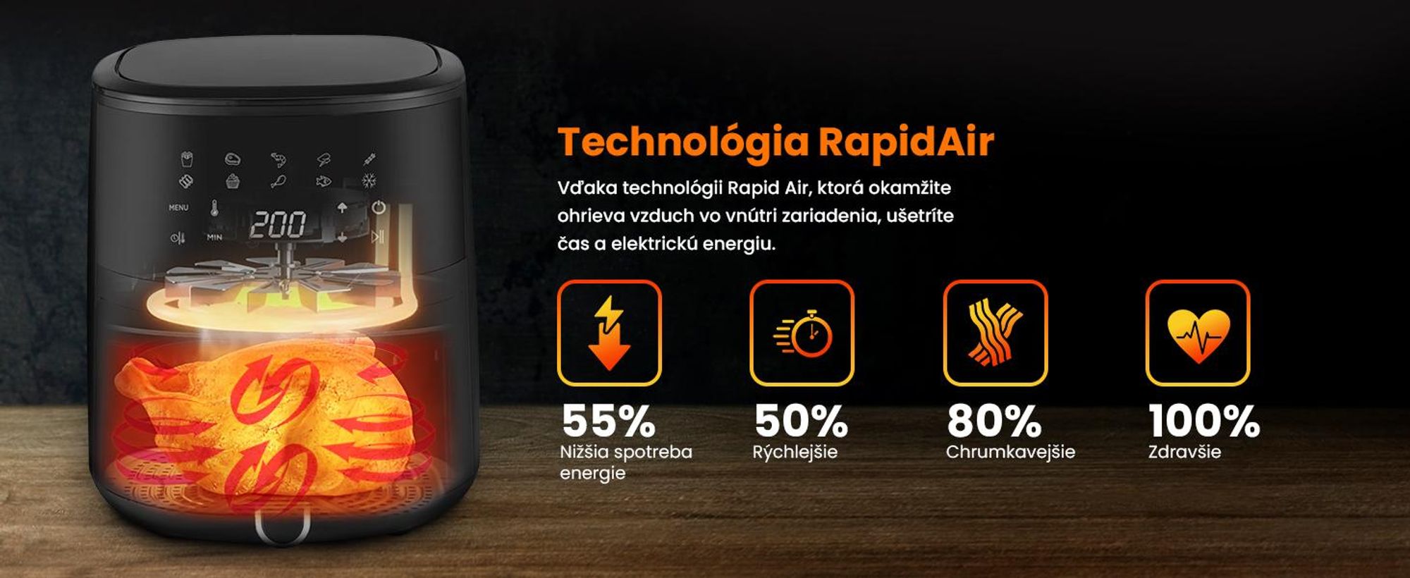 Extralink Air Fryer 4,2 l, teplovzdušná fritéza, 1300 W, dotykový displej, čierna