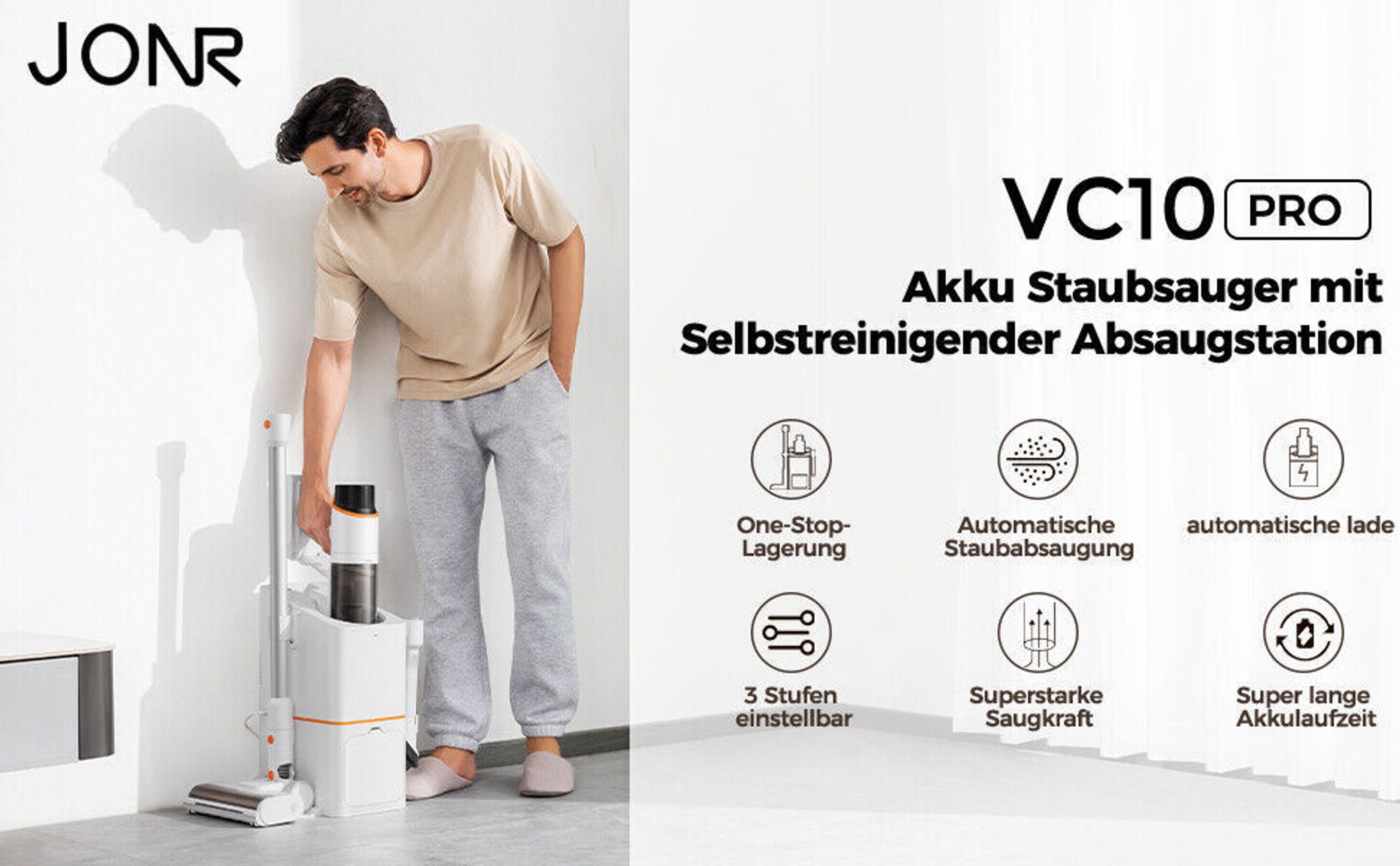 JONR VC10 Pro Akku Staubsauger, 3-in-1 Auto-Staubkollektionsstation, 27kPa Handstaubsauger, 5-stufigem HEPA-Filter, bis zu 60 Min für alle Oberflächen