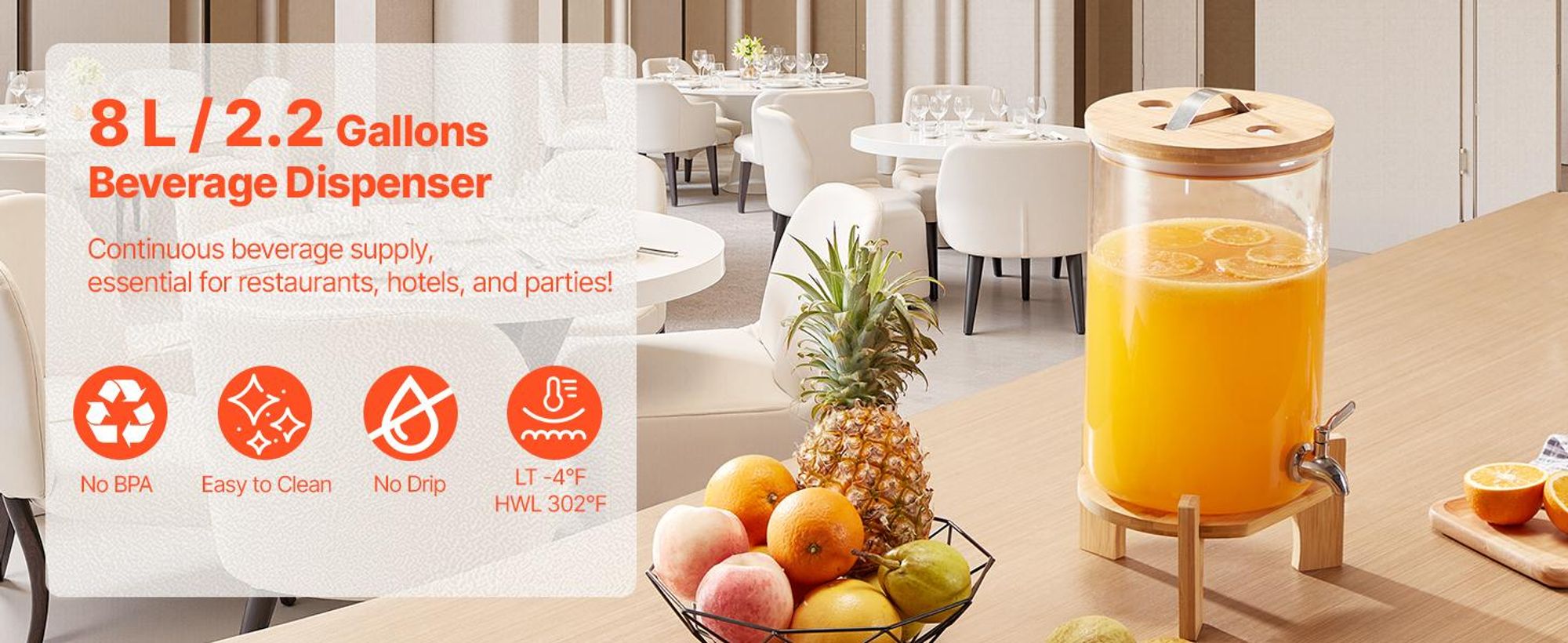VEVOR Getränkespender, 11,4 Liter Getränkespender für Partys, Kunststoff-Saftspender mit Auslauf und Deckel, Eistee-Limonade-Saft-Wasserspender, für Restaurants, Hotels, Partys, 2er-Pack, 8 L