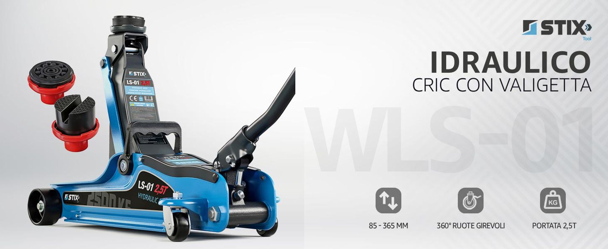 STIX LS-01, Cric idraulico, capacità 2,5 tonnellate, altezza da 85 a 365 mm, per auto, SUV, uso professionale