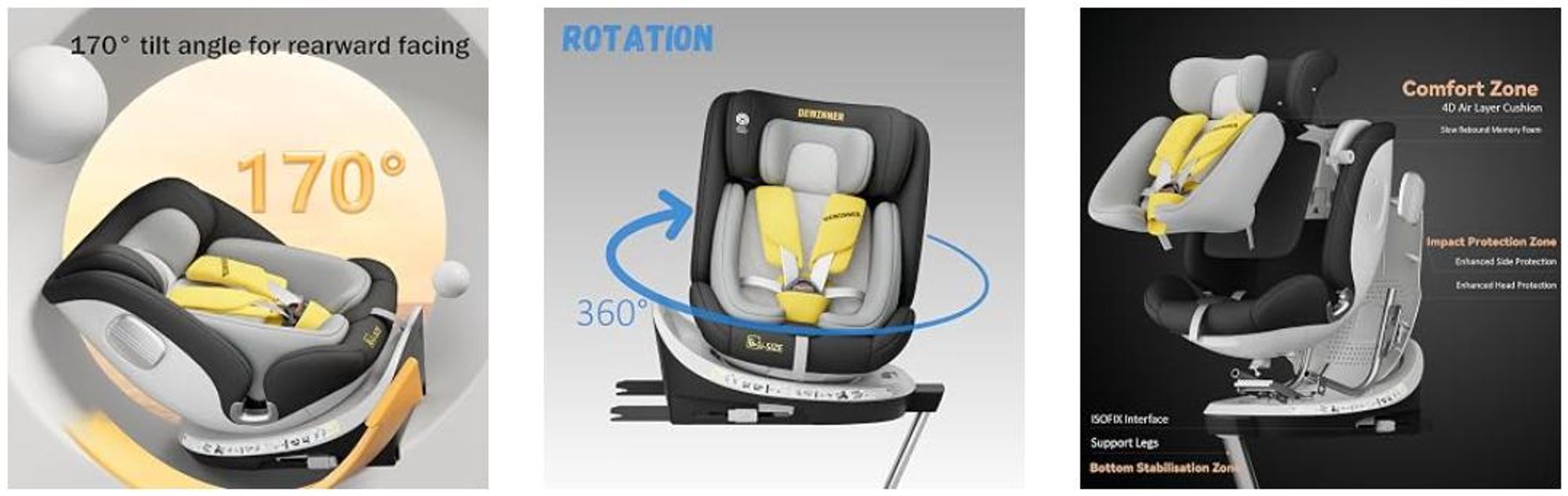 DEWINNER Siege Auto Bebe 0 à 36kg - Siege Auto Isofix 360 Pivotant,I-Size Group 0+1/2/3 (40-150cm),Rehausseur Voiture Enfant Sièges Auto,ECER129, Noir