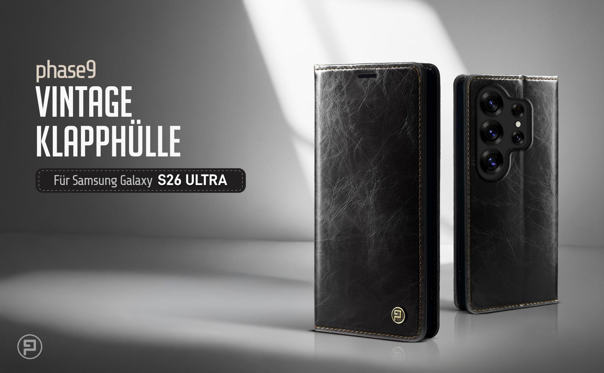 Schwarze Klapphülle für Samsung Galaxy S26 Ultra im klassischen Vintage Look