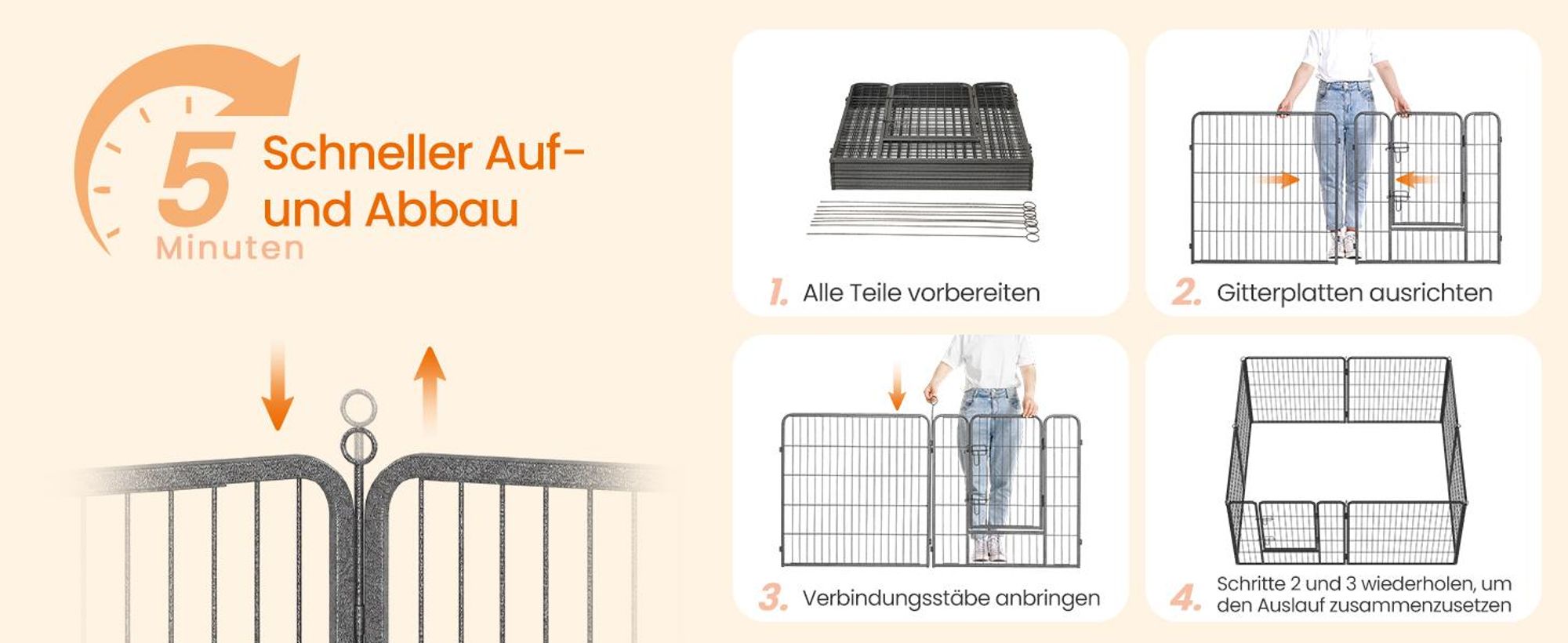 FEANDREA Welpenauslauf, 8 Platten DIY, Doppel-L-Schloss, 77x80cm grau PPK88G