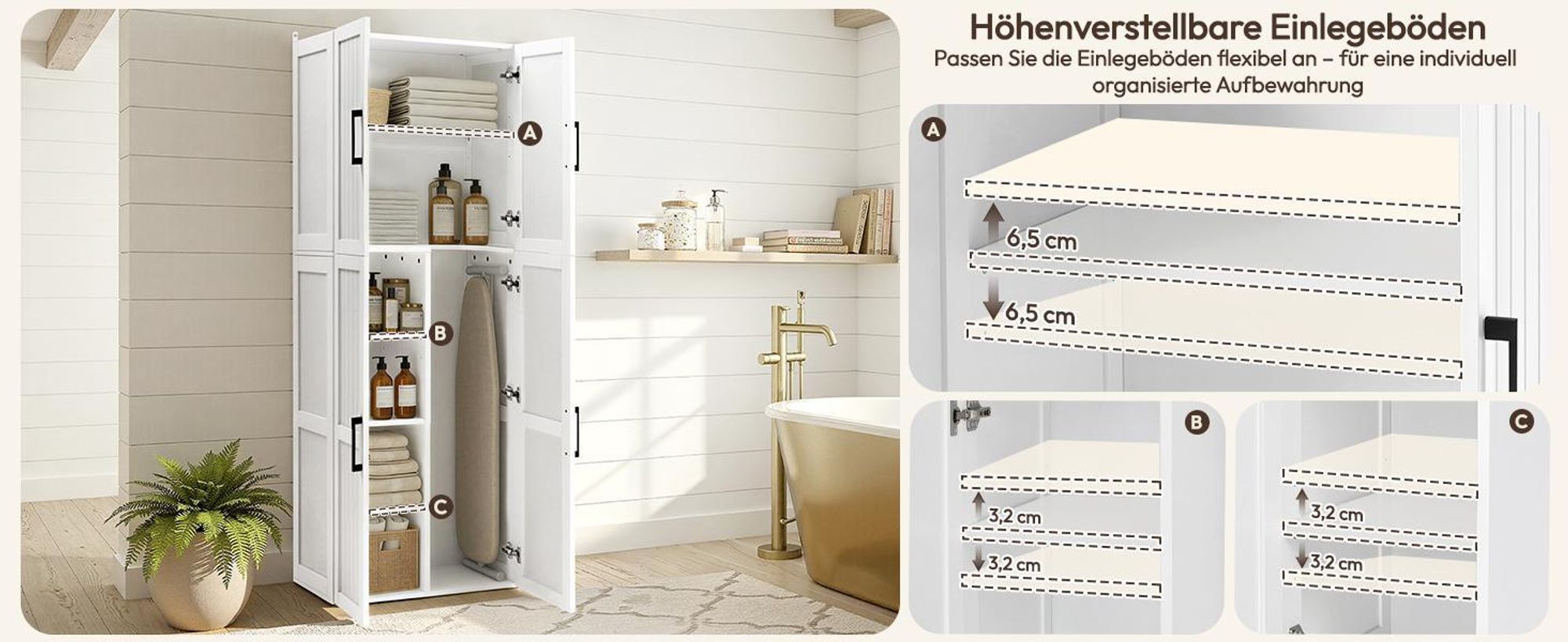 Yaheetech 175,5 cm H Mehrzweckschrank 37,5 cm tiefer Besenschrank für Staubsauger, Vorratsschrank Aufbewahrungsschrank mit 4 Türen, Weiß