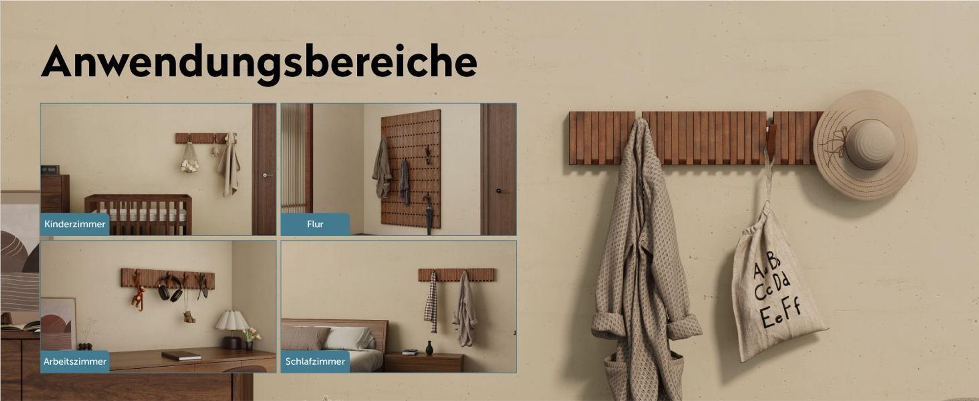 doporro Garderobenhaken Kleiderhaken Wand mit 7 Haken für Jacken, Garderobenleiste für Flur und Garderobe Wandgarderobe aus Holz, Matt Schwarz Twigro-01