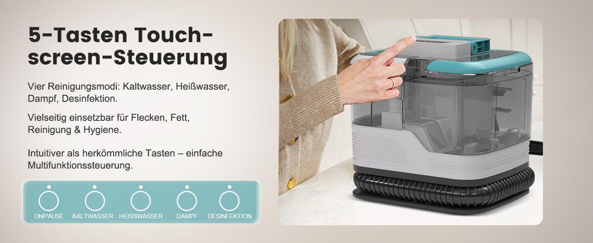 4-in-1 Waschsauger mit Power-Dampf für hygienische Reinigung: 12000Pa Saugkraft, Doppeltank & Touchscreen. Ideal für Auto, Sofa & Haustiere