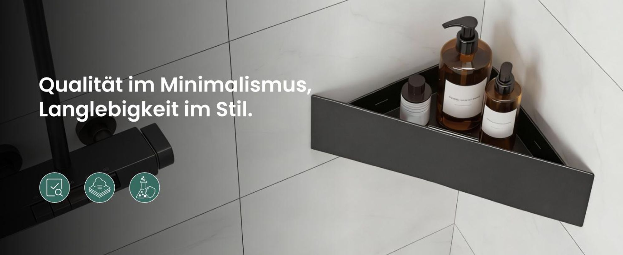 Mai & Mai Duschablage zum Bohren oder Kleben, Duschregal Badablage Ecke, Badezimmerablage zur Wandmontage für Bad und Küche, Sandschwarz Reglo-07