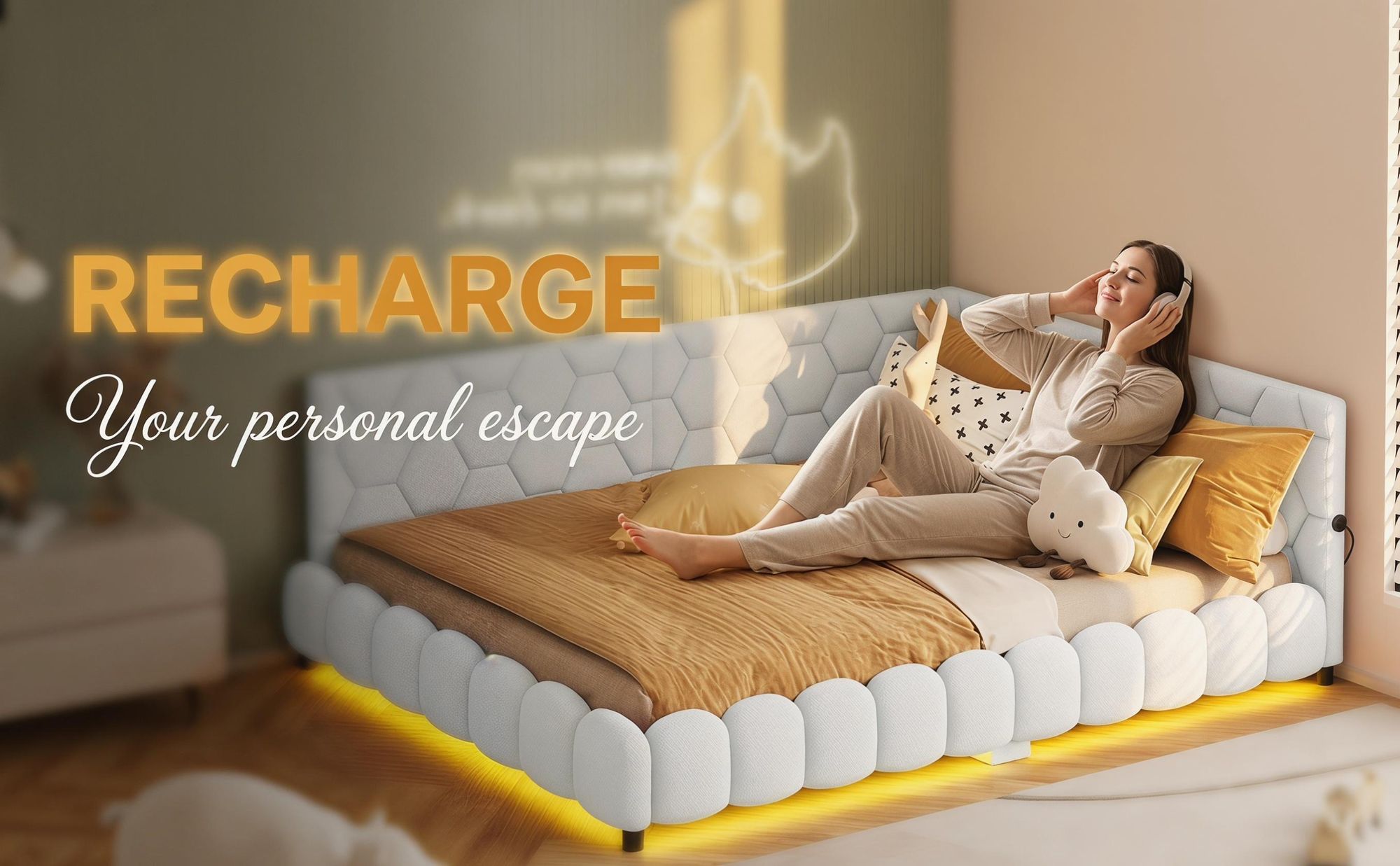 INONEFT  Polsterbett 140x200cm mit LED- und USB-Schnittstelle,Schlafsofa Tagesbett mit lattenrost ,Kinderbett,Doppelbett jugendbett,Wolle, Beige