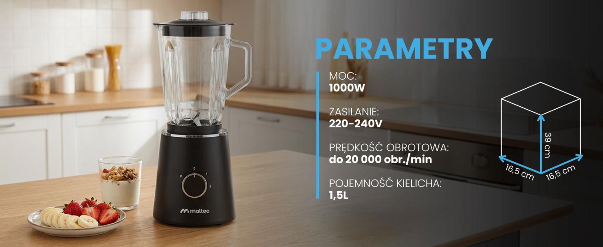Blender stojący MalTec z dzbankiem o pojemności 1,5 l i butelką na wynos o pojemności 500 ml, moc 1000 W, 6 ostrzy ze stali nierdzewnej, 2 prędkości i funkcja pulsacyjna, antypoślizgowe nóżki – do przygotowywania koktajli i zup