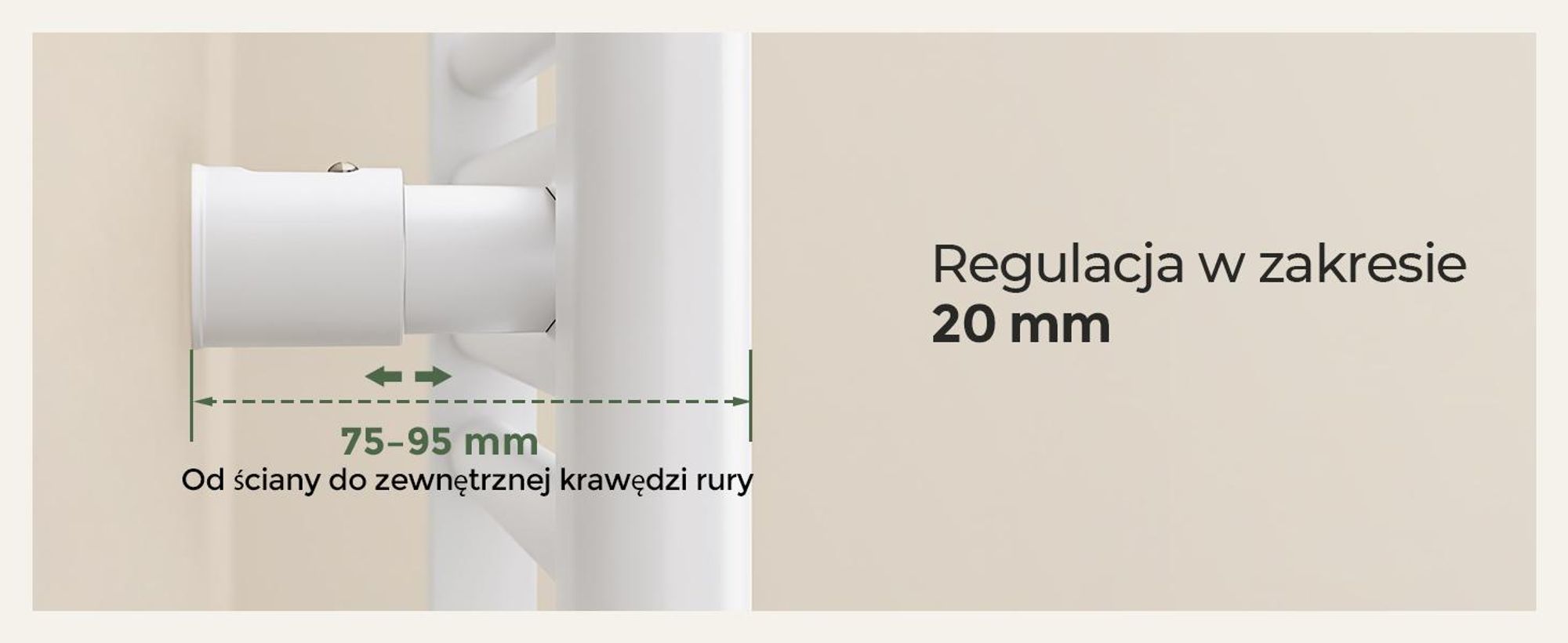 Uchwyty do grzejnika łazienkowego, zestaw 4 szt., białe, do prostych rur okrągłych Ø22–25 mm, Rozstaw osi 40–45 mm, regulacja 20 mm, 1 sztuki
