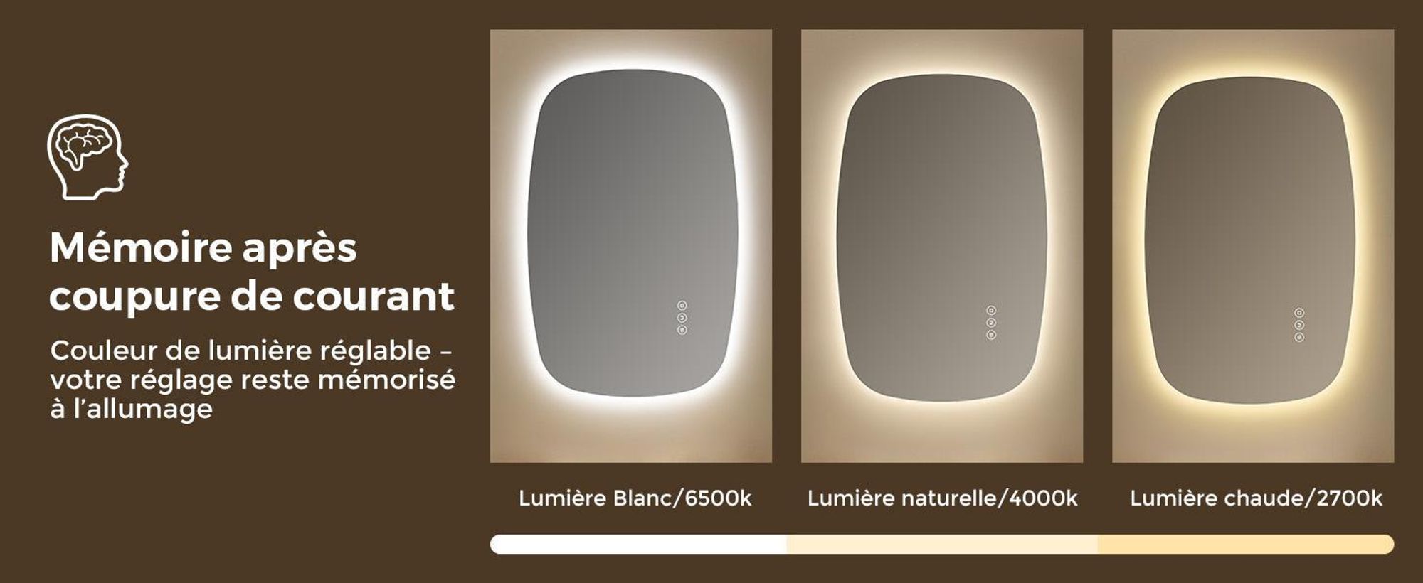 S'AFIELINA 95×60 cm miroir mural LED - miroir de salle de bain avec éclairage, verre HD , intensité lumineuse variable, LED 3 couleurs, antibuée, suspension horizontale & verticale