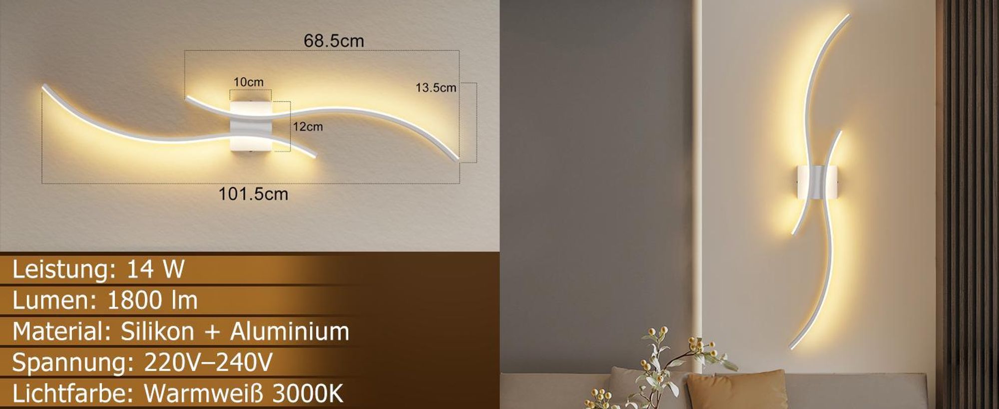 ZMH Wandlampe Innen LED Wandleuchte14W 1800lm Flurlampe 100CM Weiß Treppenhauslampe Modern Welle Design 3000K Warmweiß Minimalistische Wandbeleuchtung für Schlafzimmer Wohnzimmer Flur Treppenhaus Küche
