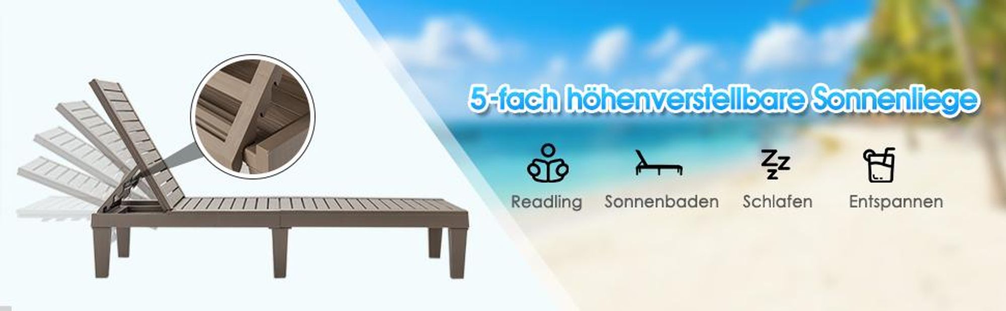 COSTWAY Sonnenliege wetterfest Gartenliege 180kg belastbar Liegestuhl 5 verstellbare Rückenlehne Terrassenliege für Outdoor Garten Terrasse Braun
