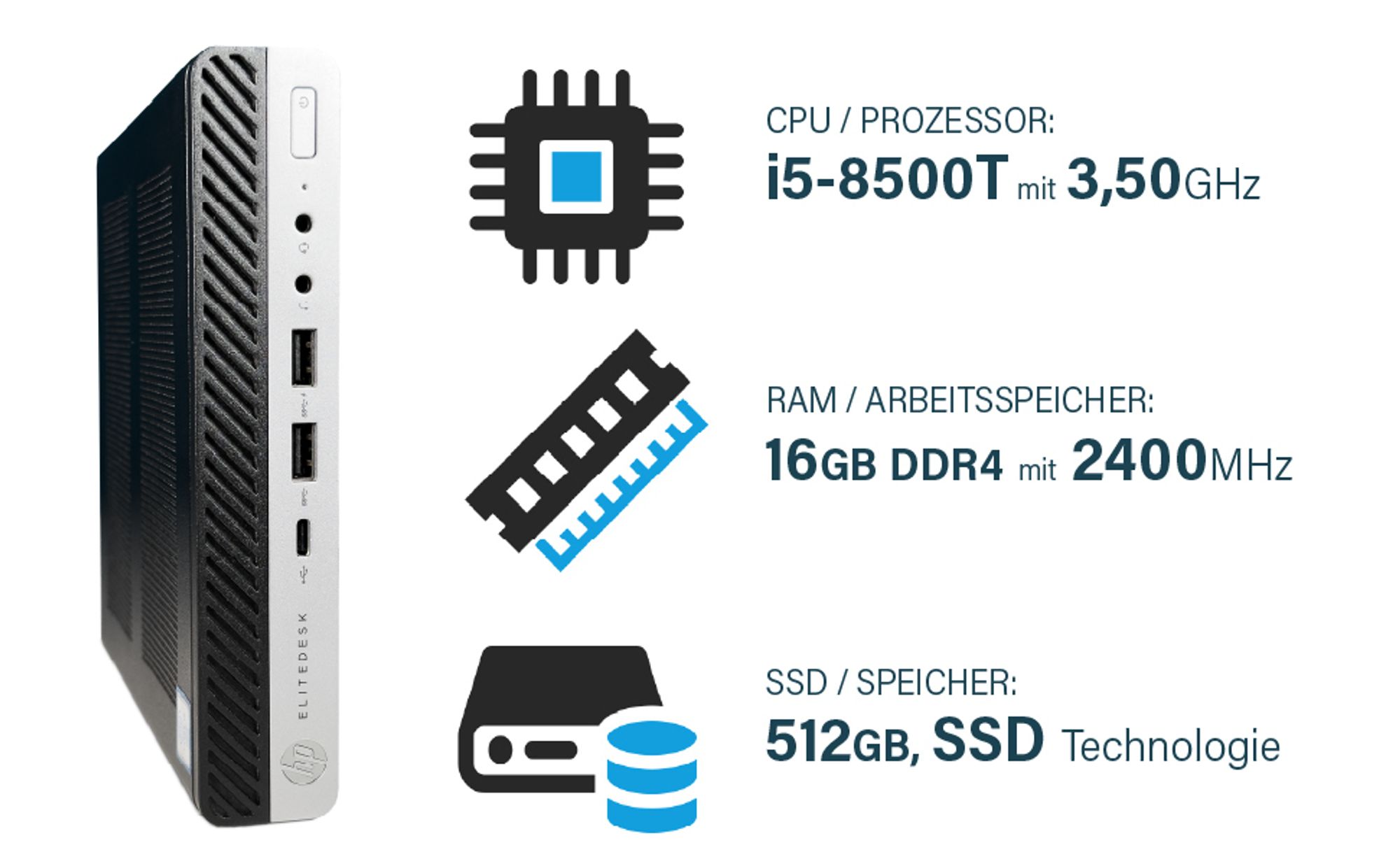 HP Mini PC mit Intel i5 - Desktop Computer + Rechner für Office / Büro mit 3,5 GHz - 16GB DDR4 RAM - 512GB SSD - WLAN - Win 11 Pro + Greed Mousepad