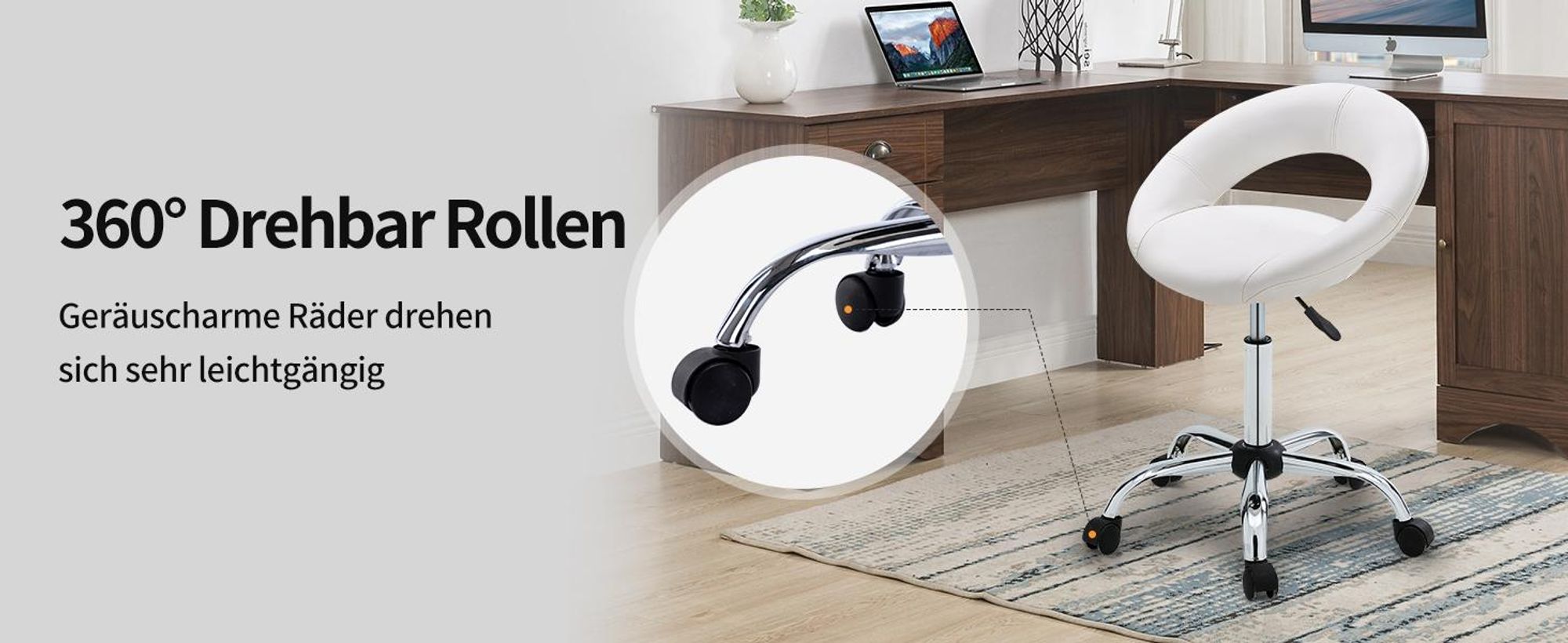 Duhome Rollhocker Drehhocker Schminkhocker Kunstleder Drehstuhl mit Lehne Bürohocker Höhenverstellbar, Weiß