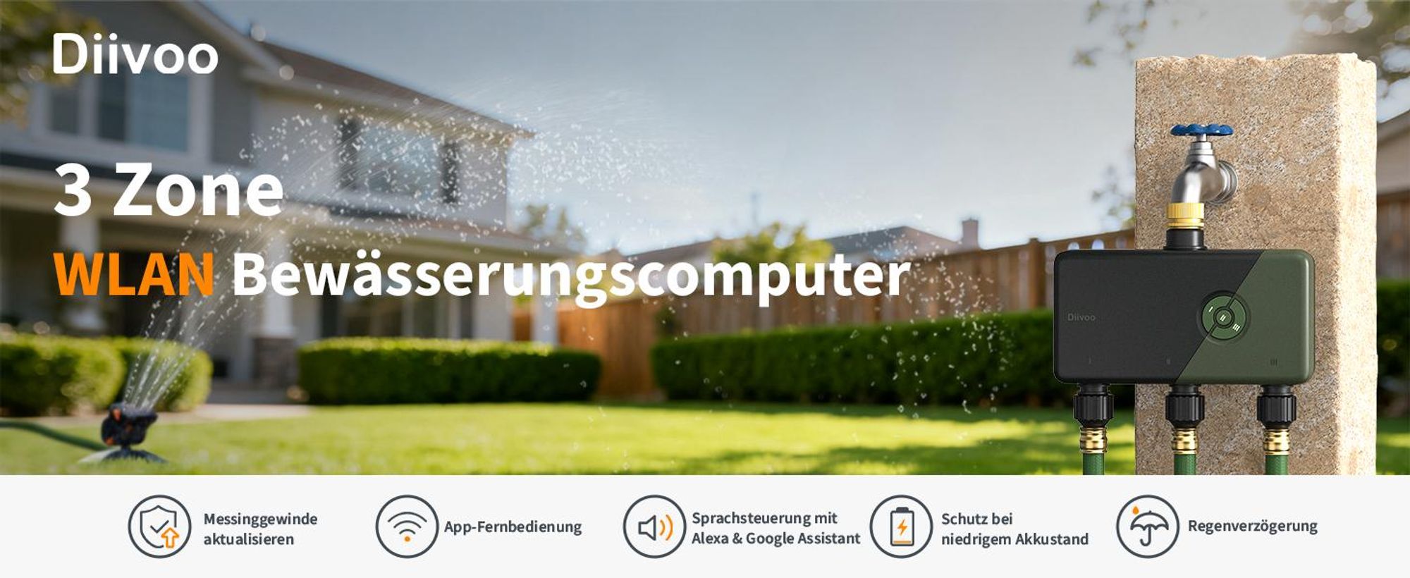 Diivoo WLAN Bewässerungscomputer mit 3 Ausgängen Smarte Bewässerungsuhr Sprachsteuerung Regenverzögerung für Rasen