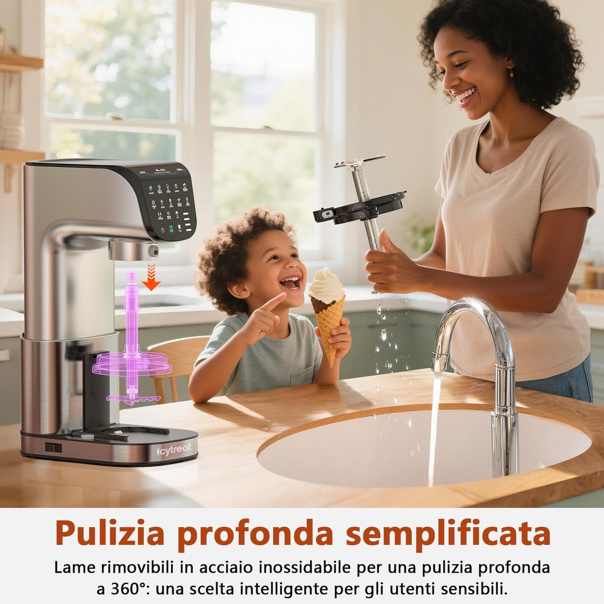 Gelatiera IcyTreat IC-1010 EU – Certificata CE – Completamente automatica, corpo in acciaio inox – Dotata di 3 contenitori e 12 programmi – Argento