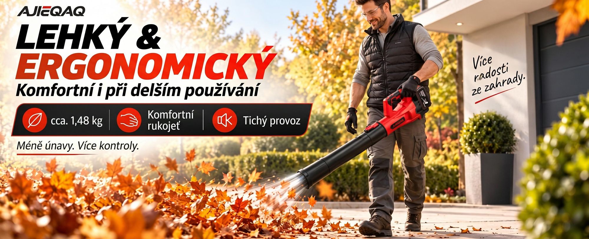 Aku foukač listí 21V Brushless, 2×4,0Ah baterie, 320 km/h, 6 stupňů s Turbo režimem, 1000W, bezdrátový foukač se 2 trubicemi