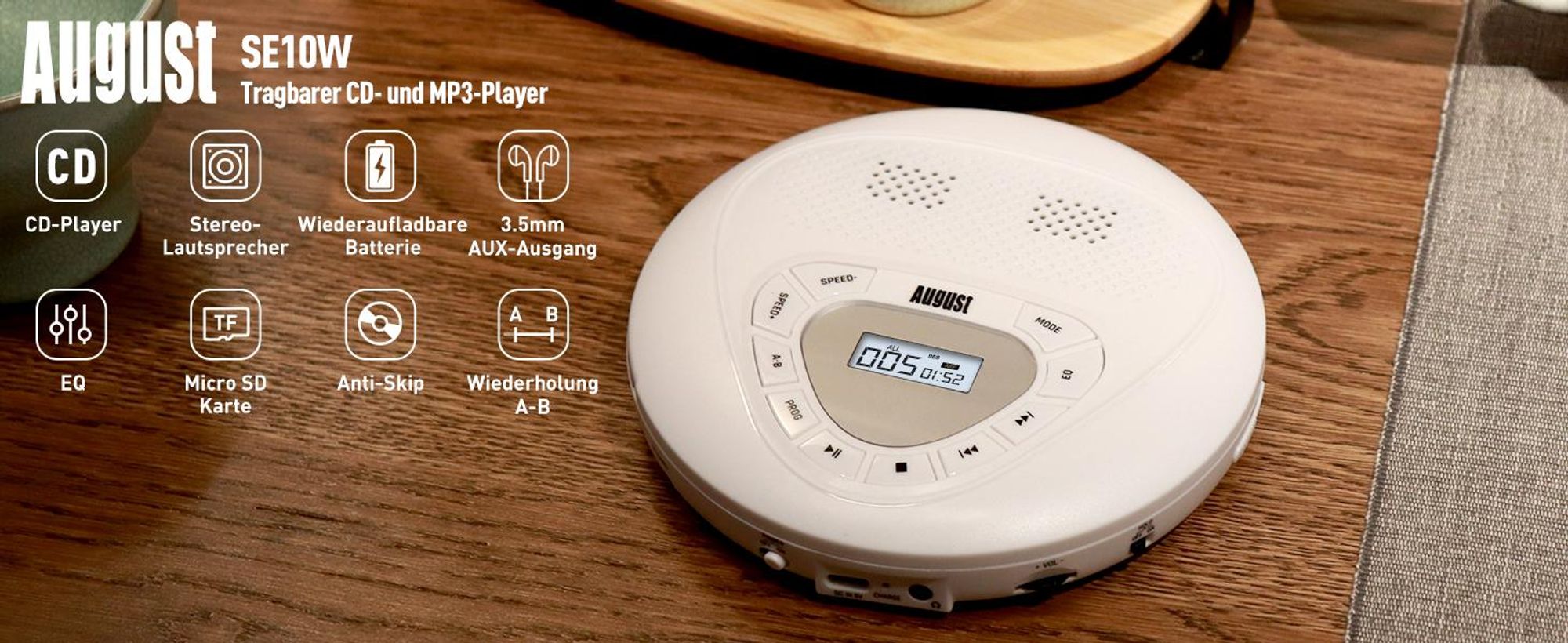 Tragbarer CD-Player mit integrierten Lautsprechern und AUX-Anschluss – August SE10W