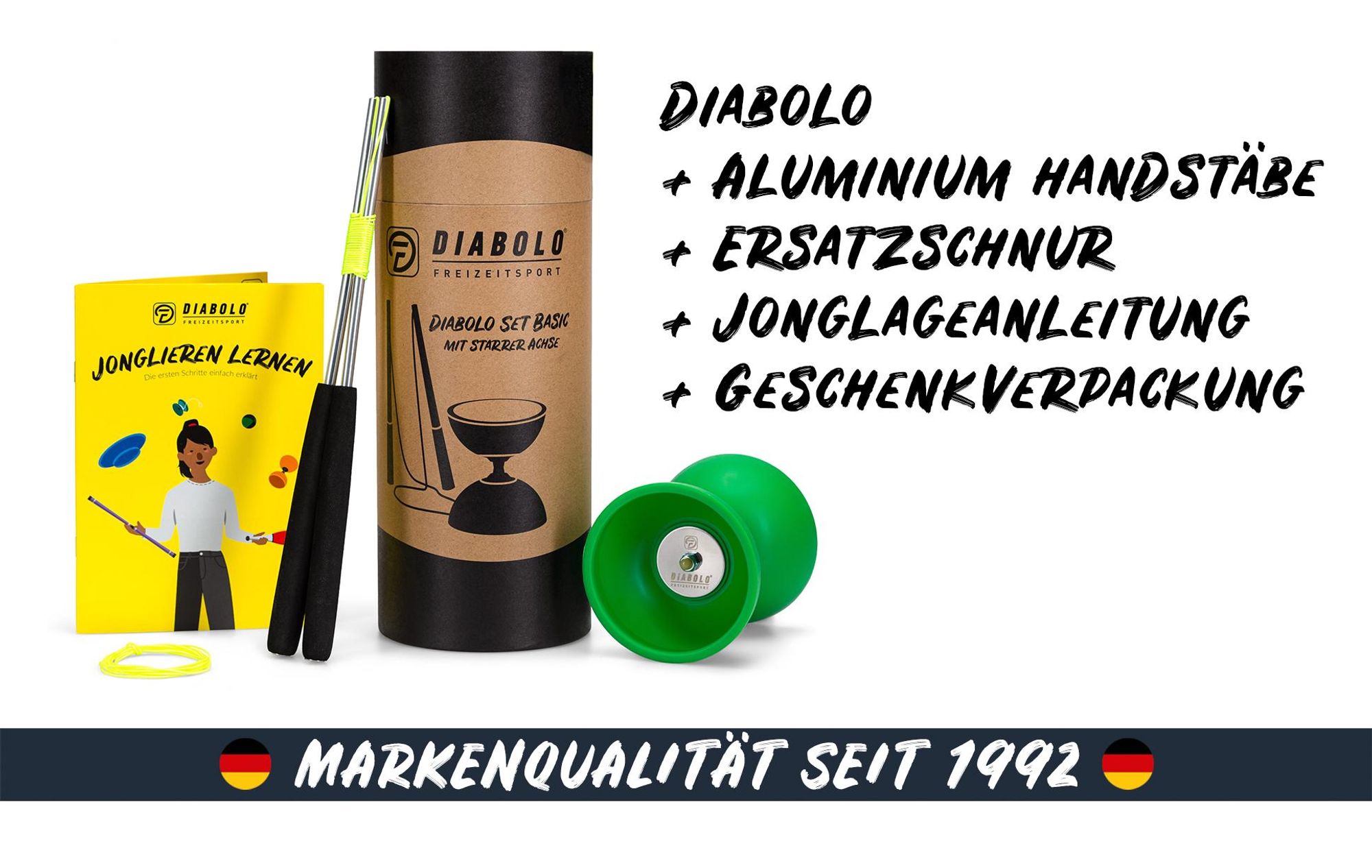 Diabolo Freizeit  Satz Basic mit Kugellagerachse | LED in turkis Grun farbe|Set mit robuster Konstruktion für Anfänger und Fortgeschrittene |