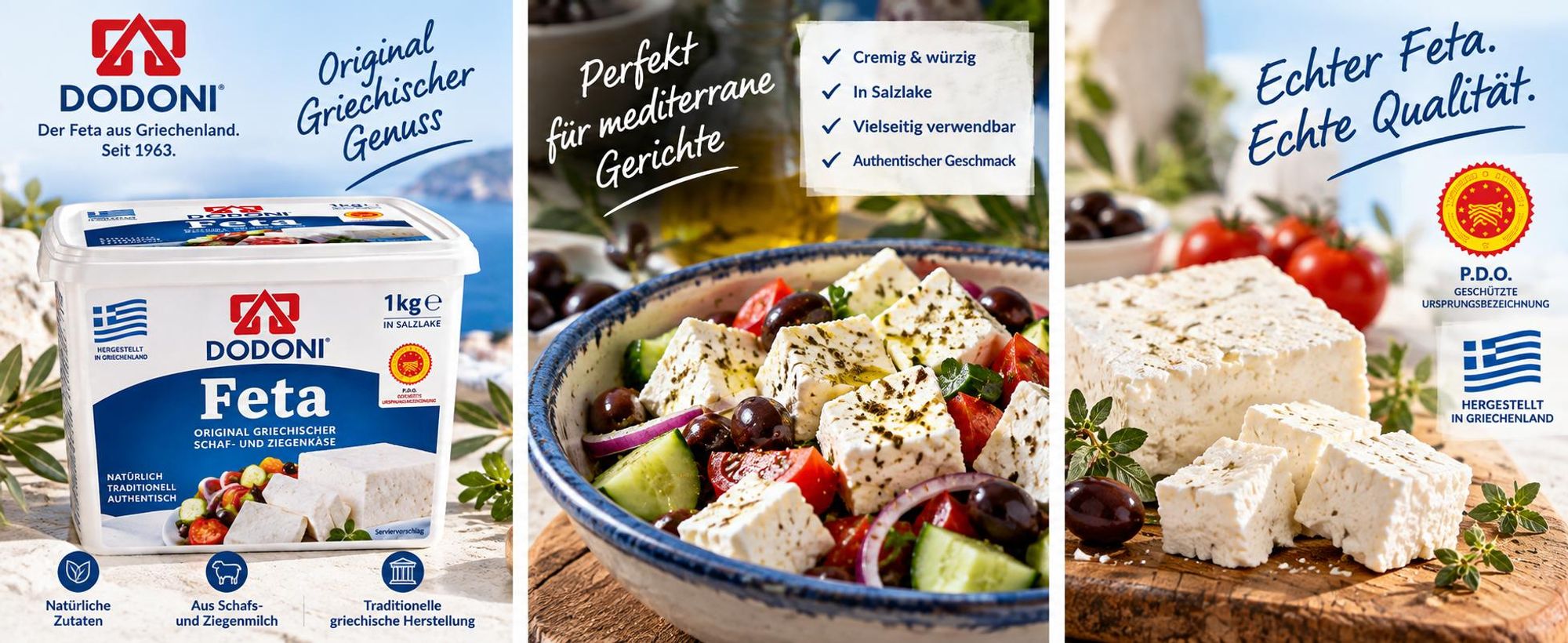 DODONI Feta 1 kg mit griechischem Salat, Oliven und Tomaten