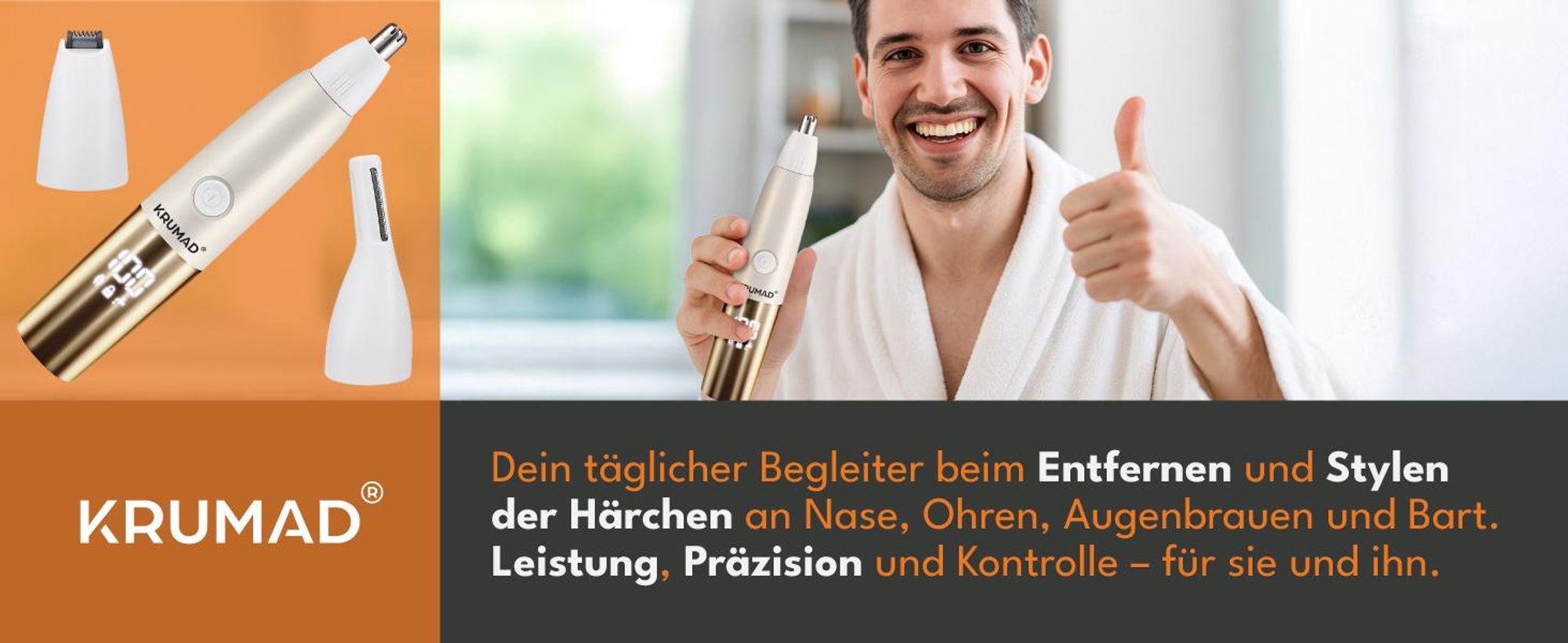 KRUMAD Nasenhaartrimmer Herren 3-in-1 – Wiederaufladbarer Präzisionstrimmer mit Digitalanzeige, 7000 U/min, USB-C – Für Nase, Ohren & Augenbrauen