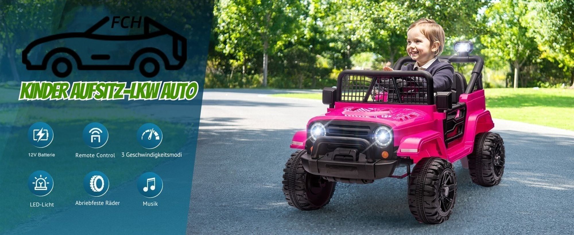FCH Elektroauto für Kinder, kinder elektroauto mit 2,4-GHz-Fernbedienung, LED-Licht, Musik und USB, 12-V-Doppelantrieb