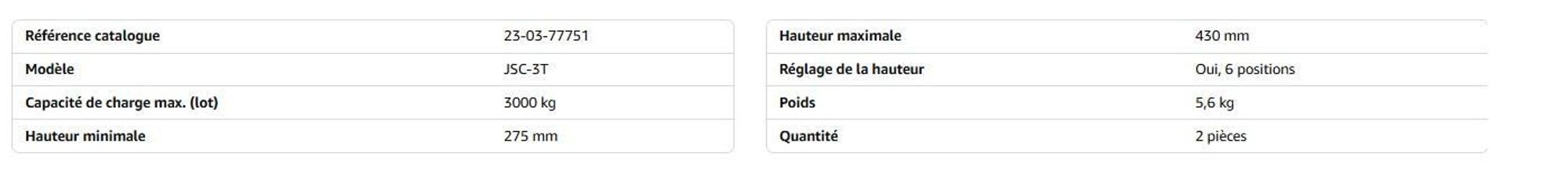 2 crics de soutien 3T avec goupille de sécurité - Crics de soutien - Supports de cric - Hauteur 275-430 mm