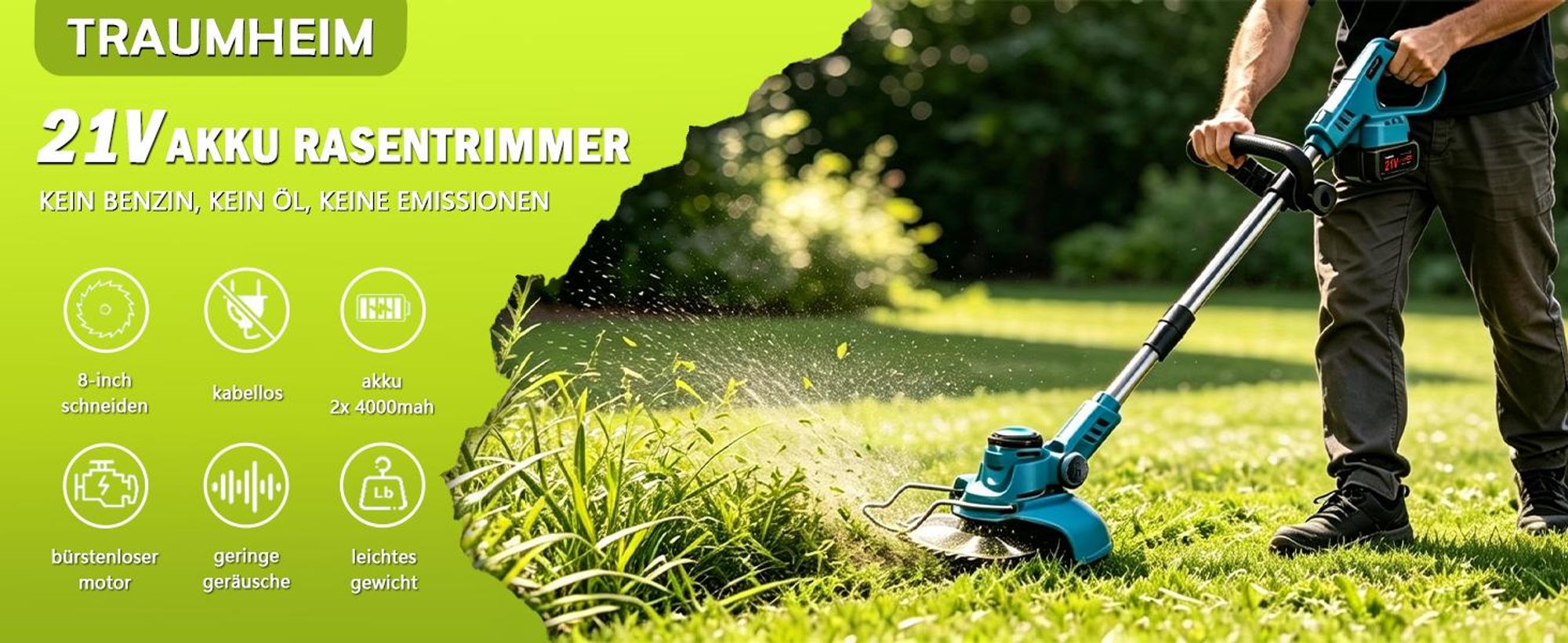 Akku Rasentrimmer 750W mit 2× 4000mAh Akkus 21V, 4 in 1 Bürstenloser Motor Rasentrimmer mit Unkrautbürste, Freischneider mit Messer und Ladegerät