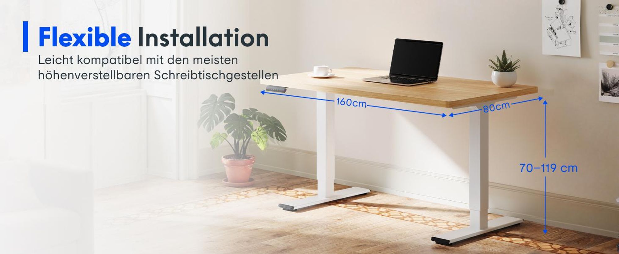 FLEXISPOT Höhenverstellbarer Schreibtisch  EU, 22mm Einteilige Tischplatte 160x80cm, Elektrisch mit 2 starken Motoren, 4 Memory-Funktion(Ahorn)