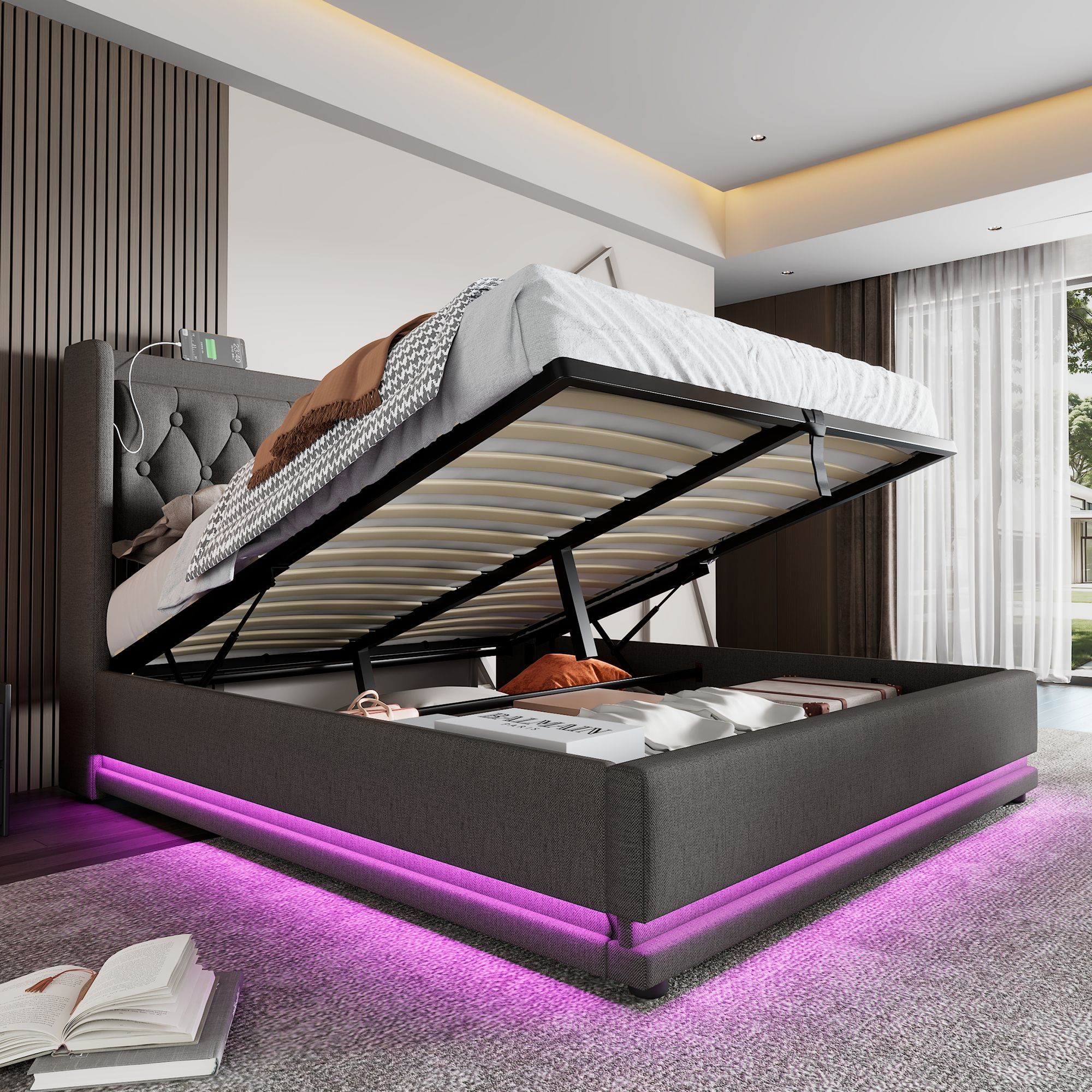 Flieks Polsterbett 180x200cm mit USB & Typ-C, Doppelbett Jugendbett mit LED, Hydraulisches Stauraumbett Boxspringbett mit Lattenrost, Baumwolle, Grau